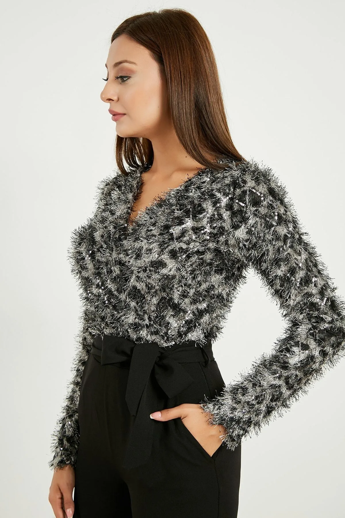 13729 Black-Grey Sequined Furry Jumpsuit