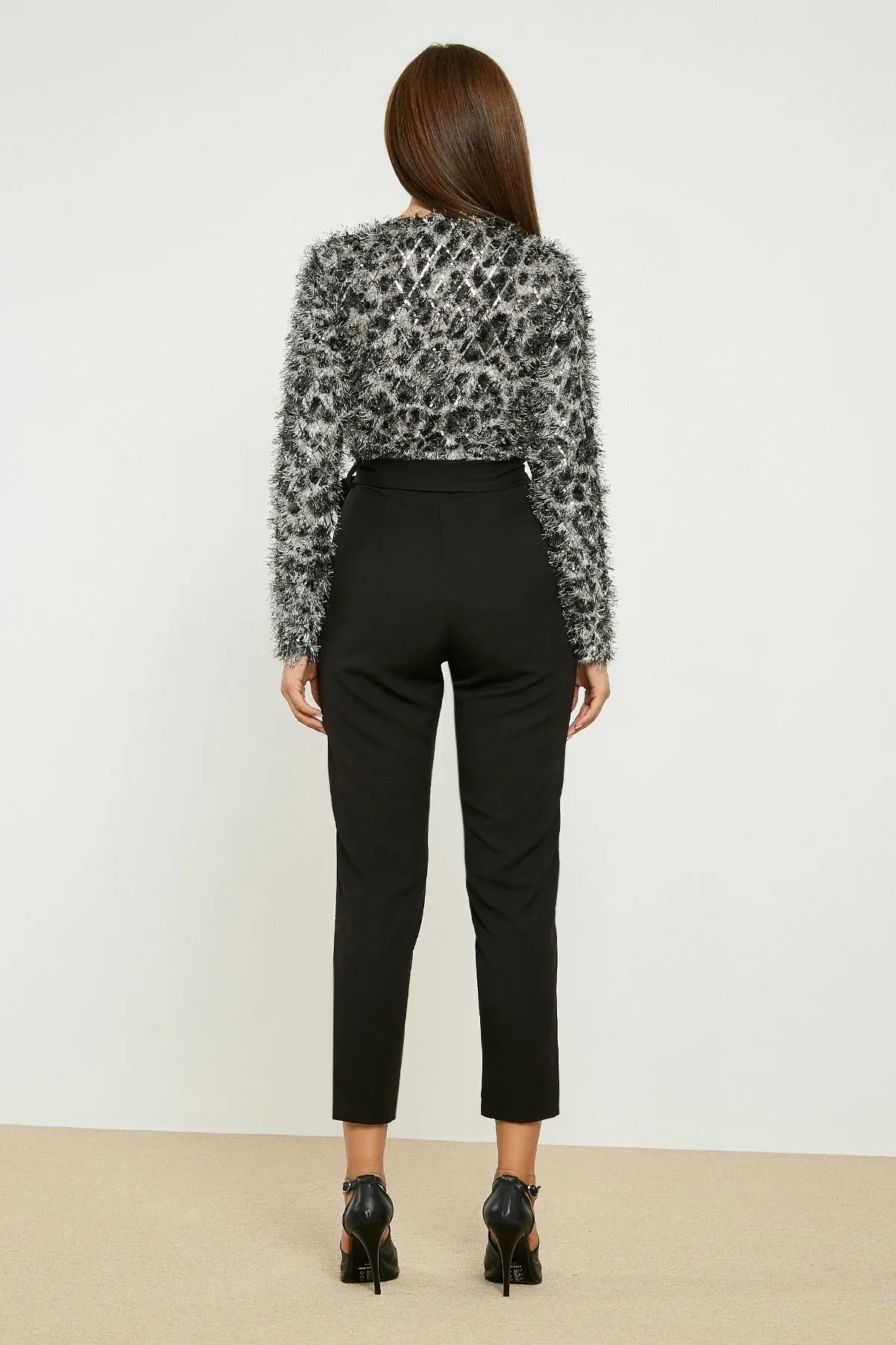 13729 Black-Grey Sequined Furry Jumpsuit