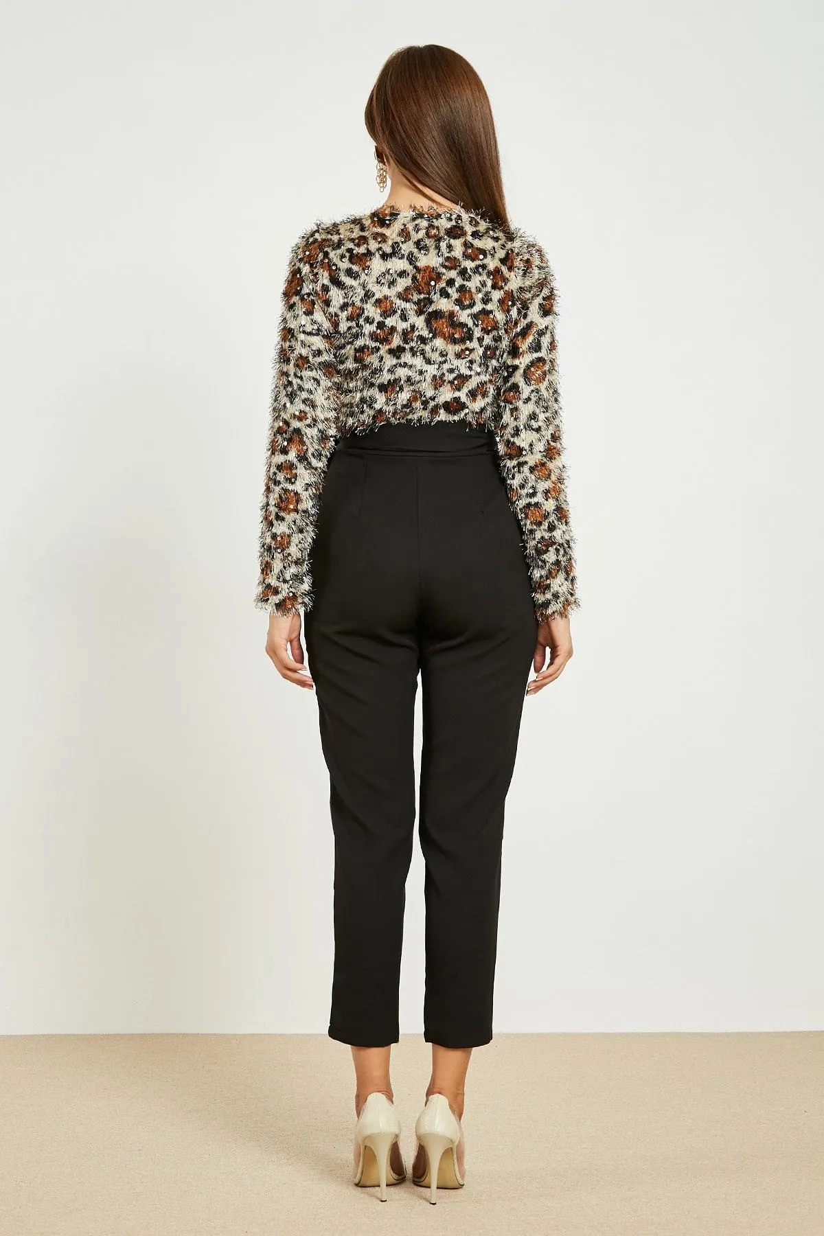 13730 Black-Leopard Print Sequined Furry Jumpsuit