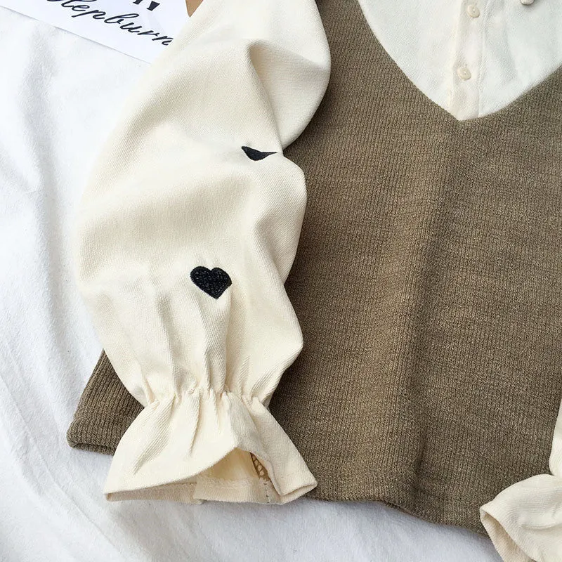 2022 Spring Japanese Kawaii Fake Two piece 2in1 Slim Fit Embroidery Love Heart SweatShirt for Girls