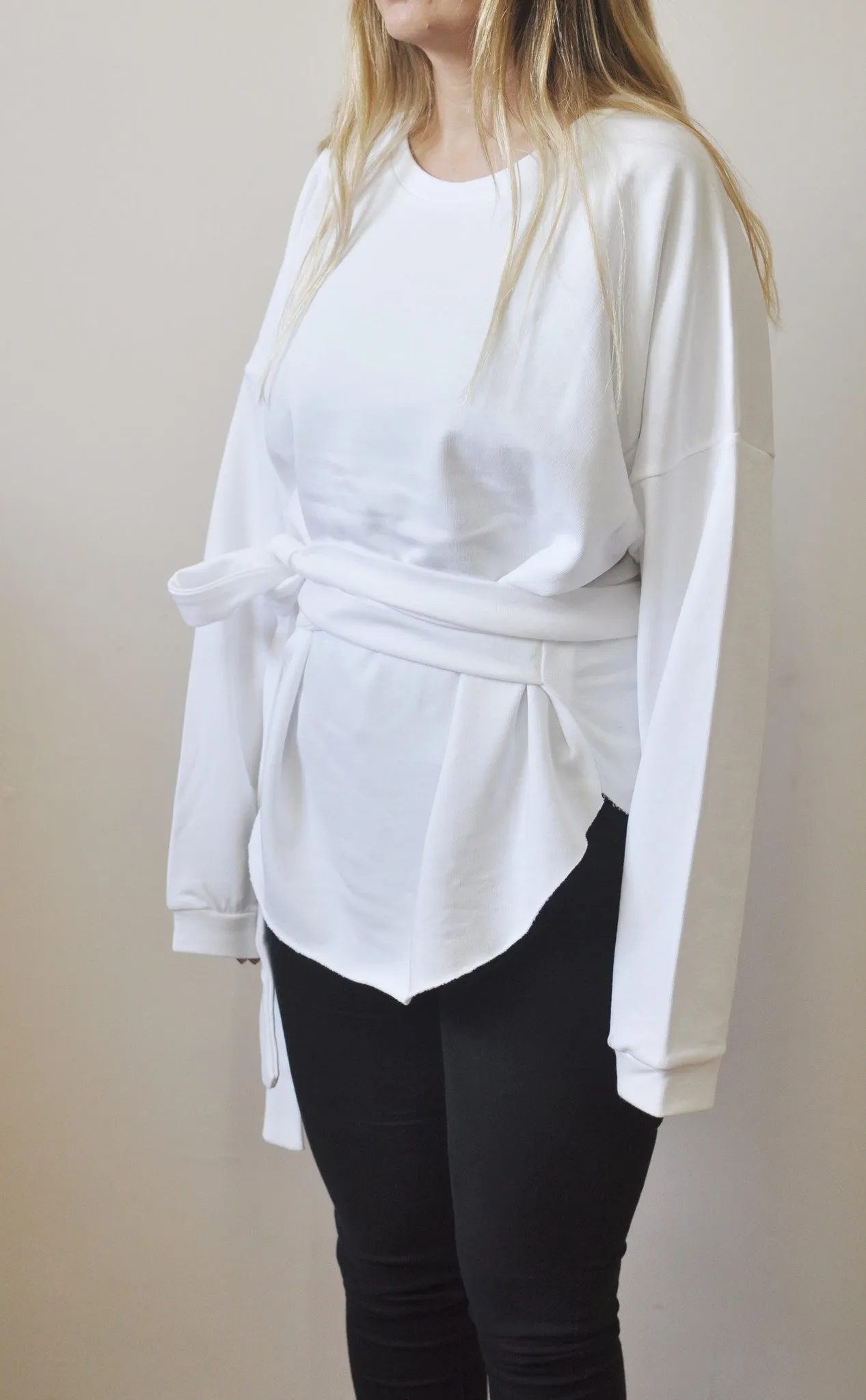 Asymmetric Knot Tie Around Waist Wrap Oval Hem Sweatshirt /-BB117