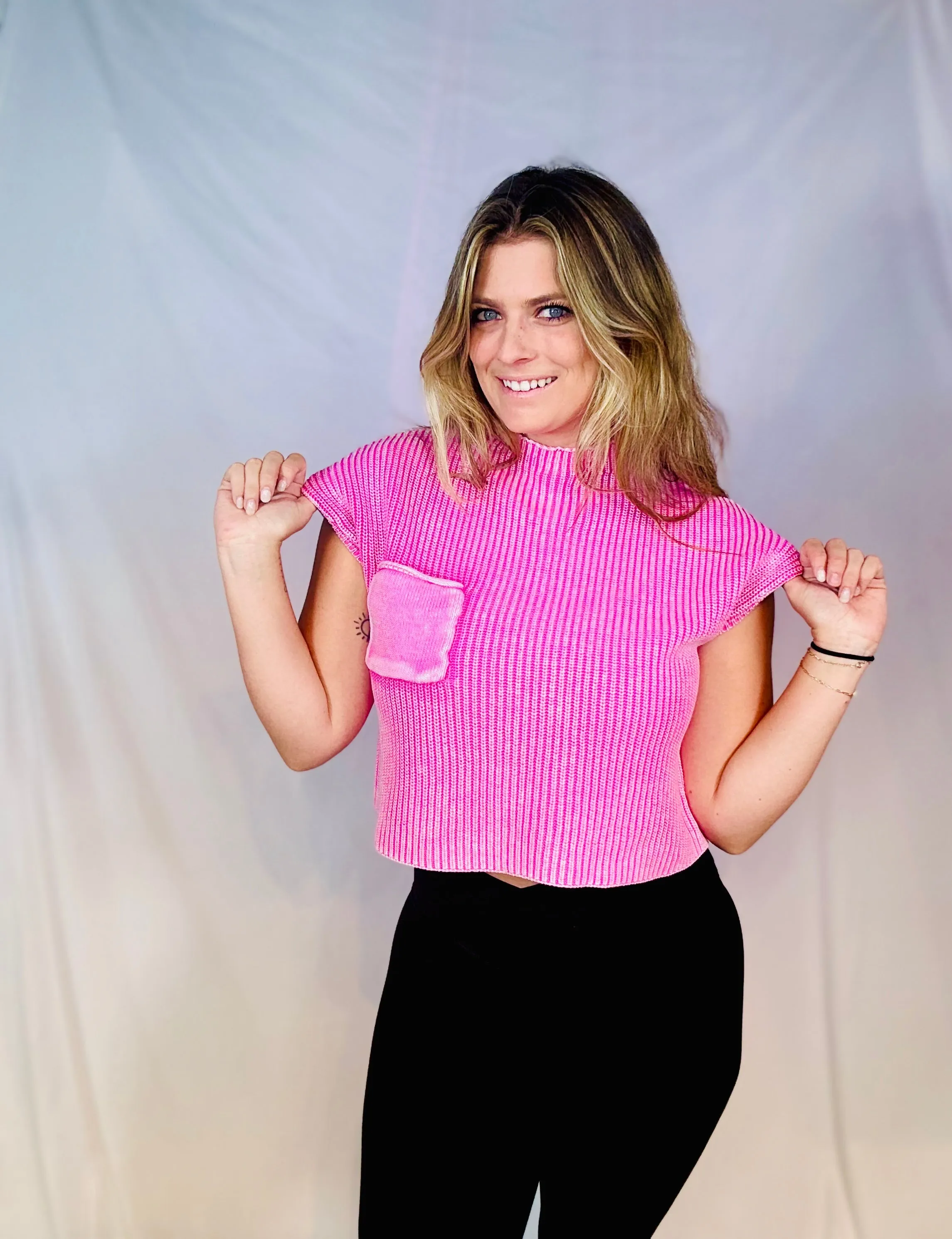 Candy Pink Washed Mock Neck Sweater Top