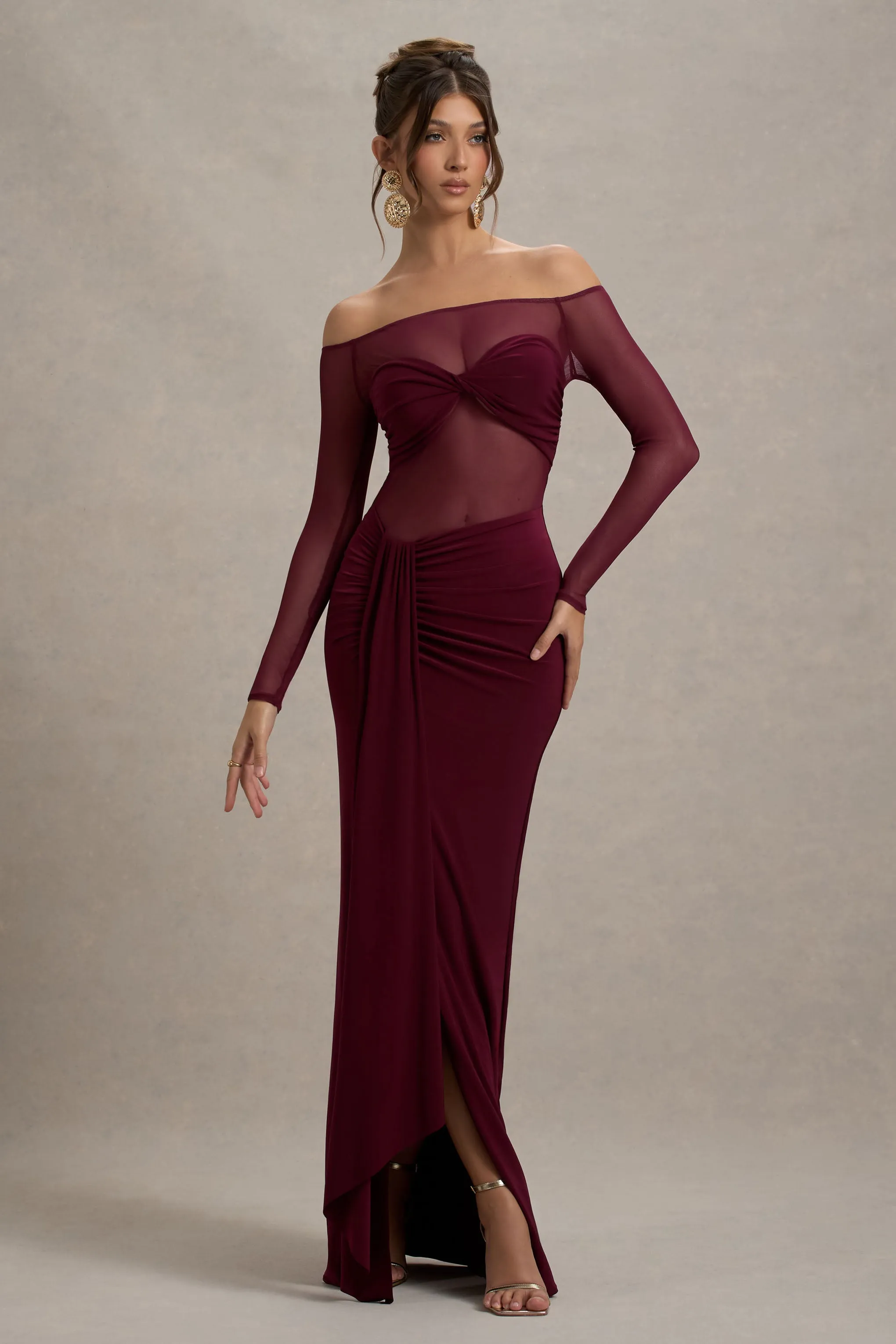Cover Star | Burgundy Mesh Bardot Long-Sleeve Draped Maxi Dress