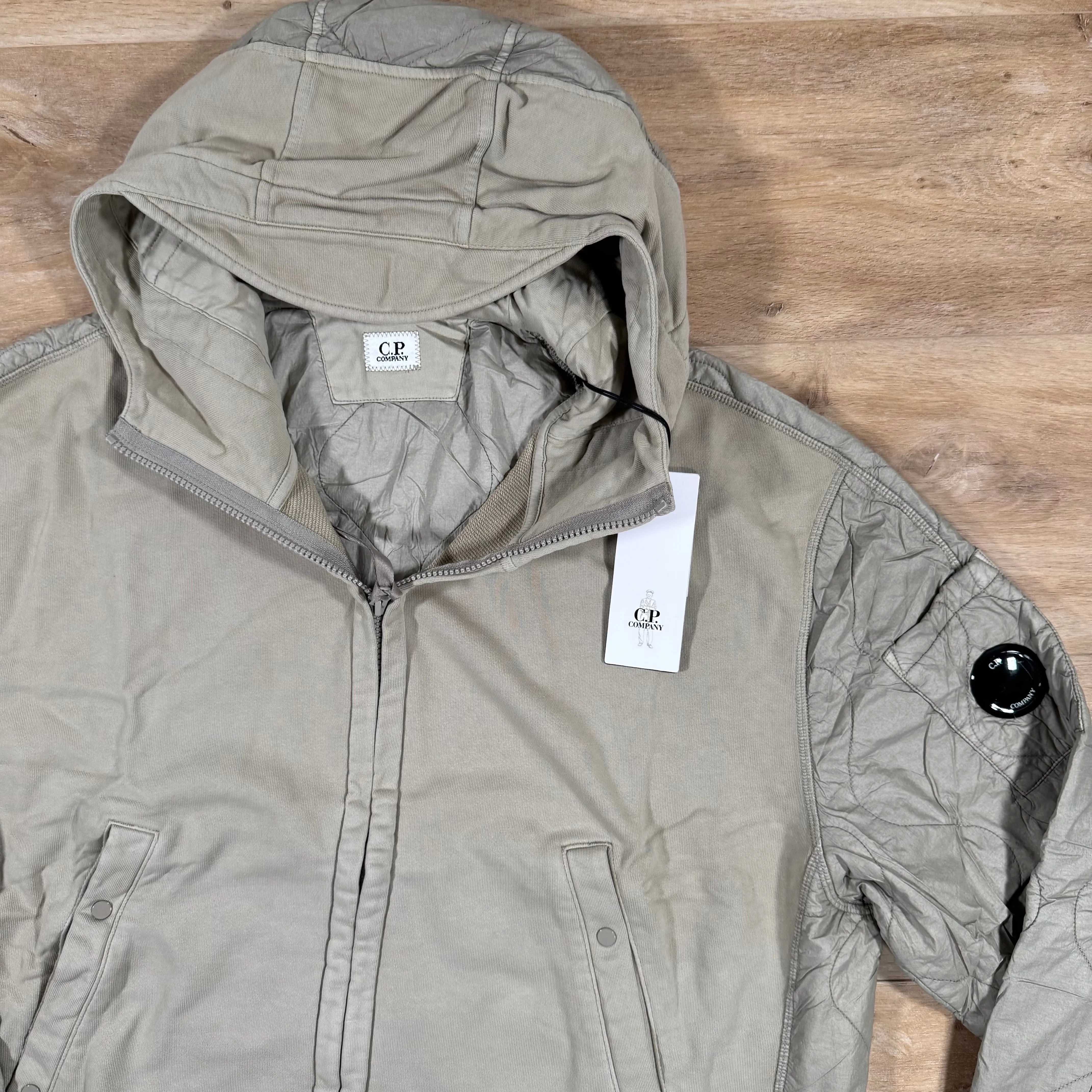 C.P. Company Diagonal Raised Mixed Quilted Lens Hoodie in Vintage Beige