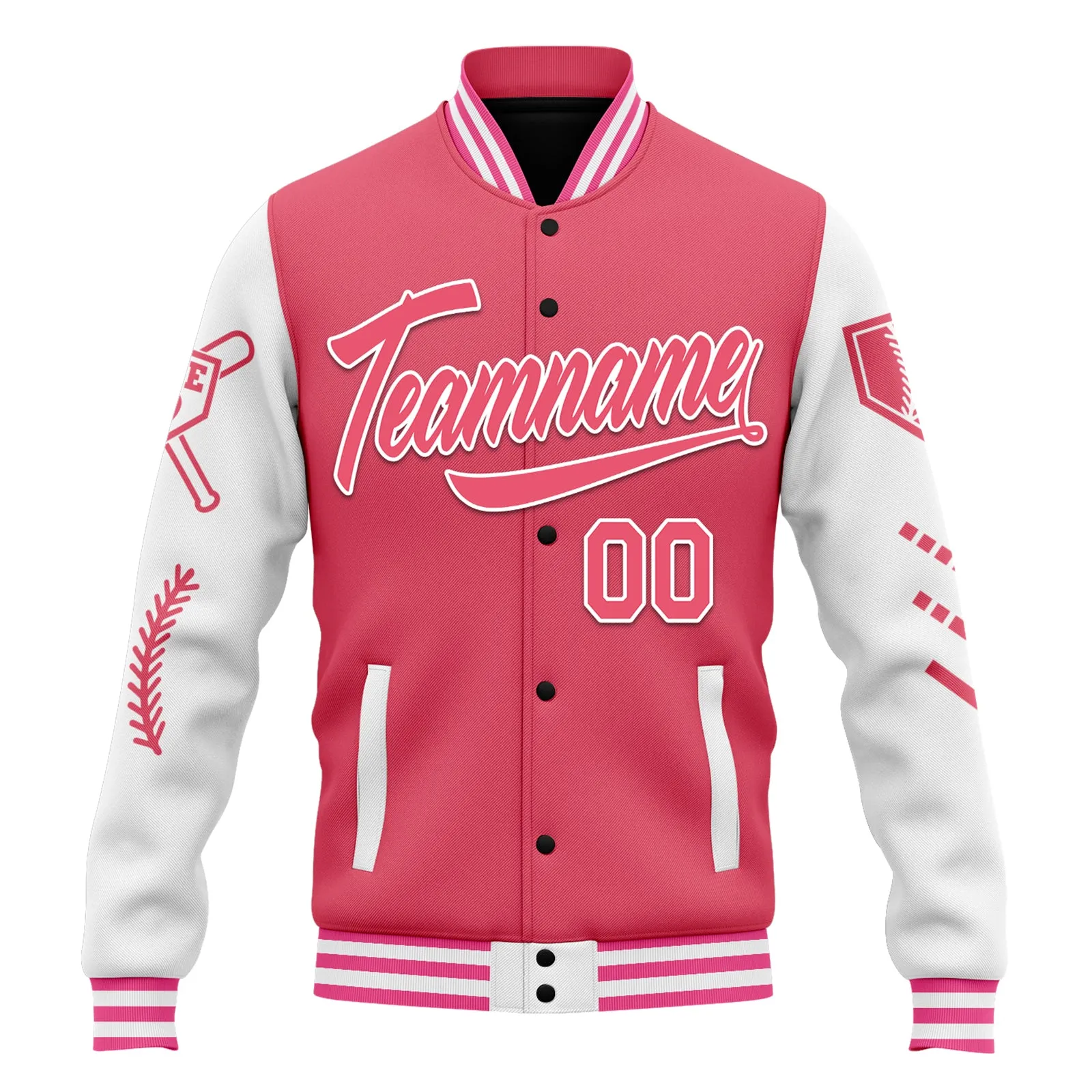 Custom Pink White Raglan Sleeves Jacket Bomber Full-Snap Varsity Letterman Personalized Jacket FZ005-D023002-7