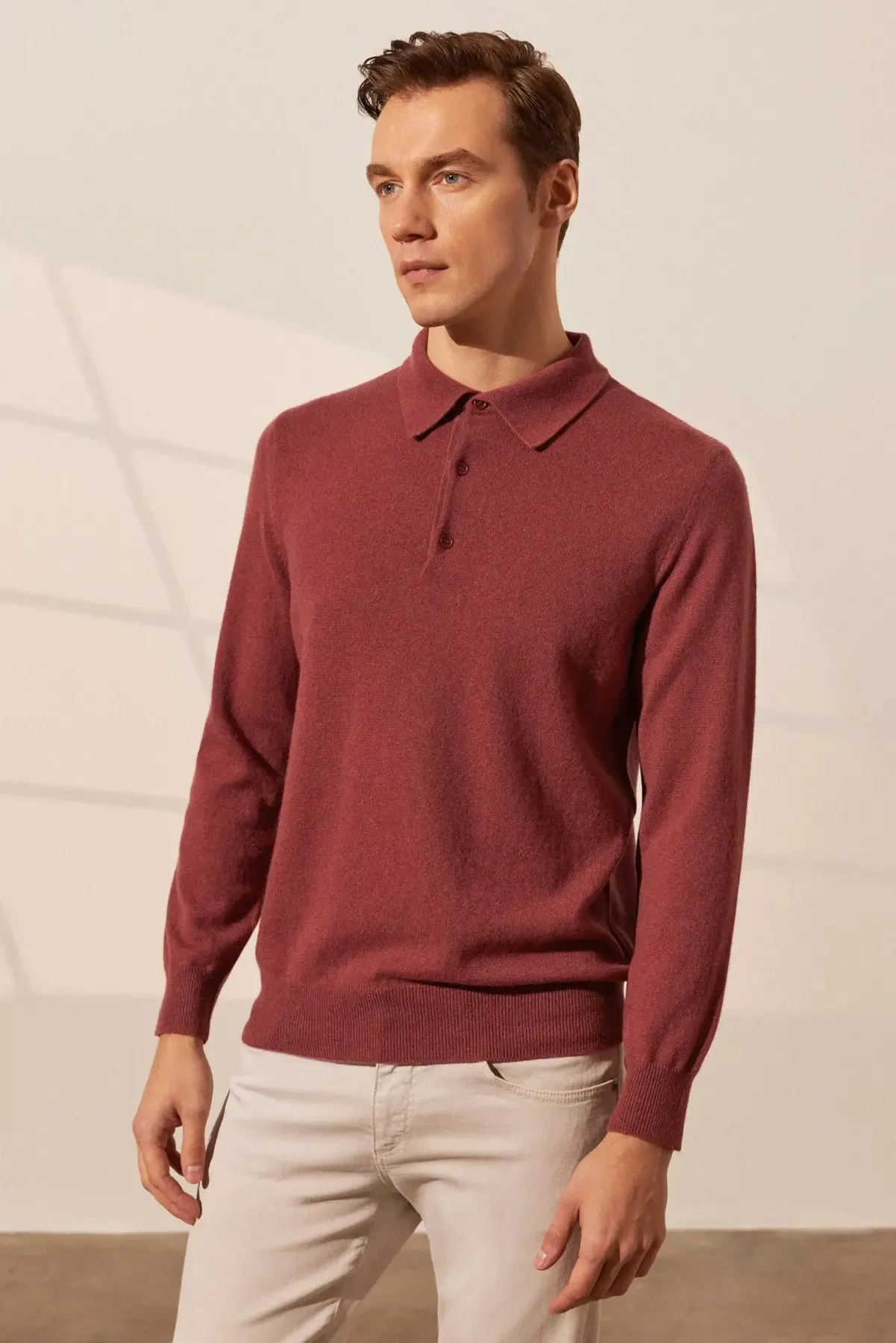dustyy Rose Pure Cashmere Polo Neck Men's Sweater