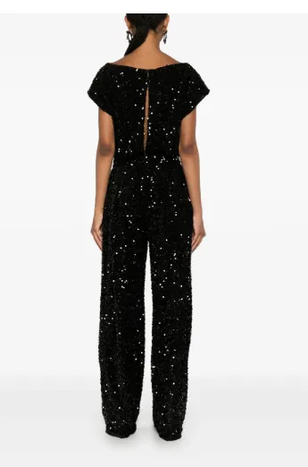 ELISABETTA FRANCHI Sequined Velvet Belted Jumpsuit (Size 34)