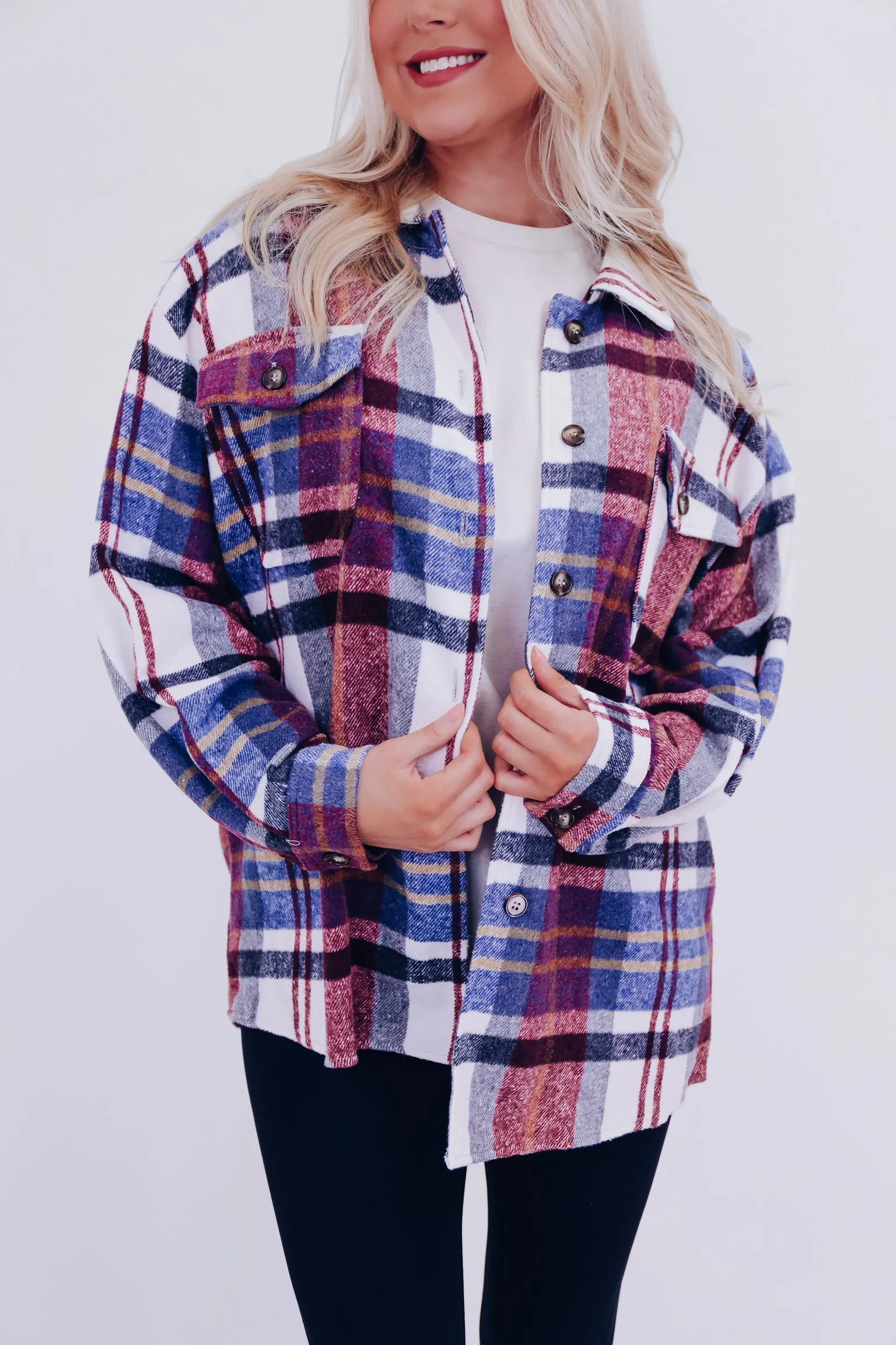 Falling For Plaid Shacket - Burgundy