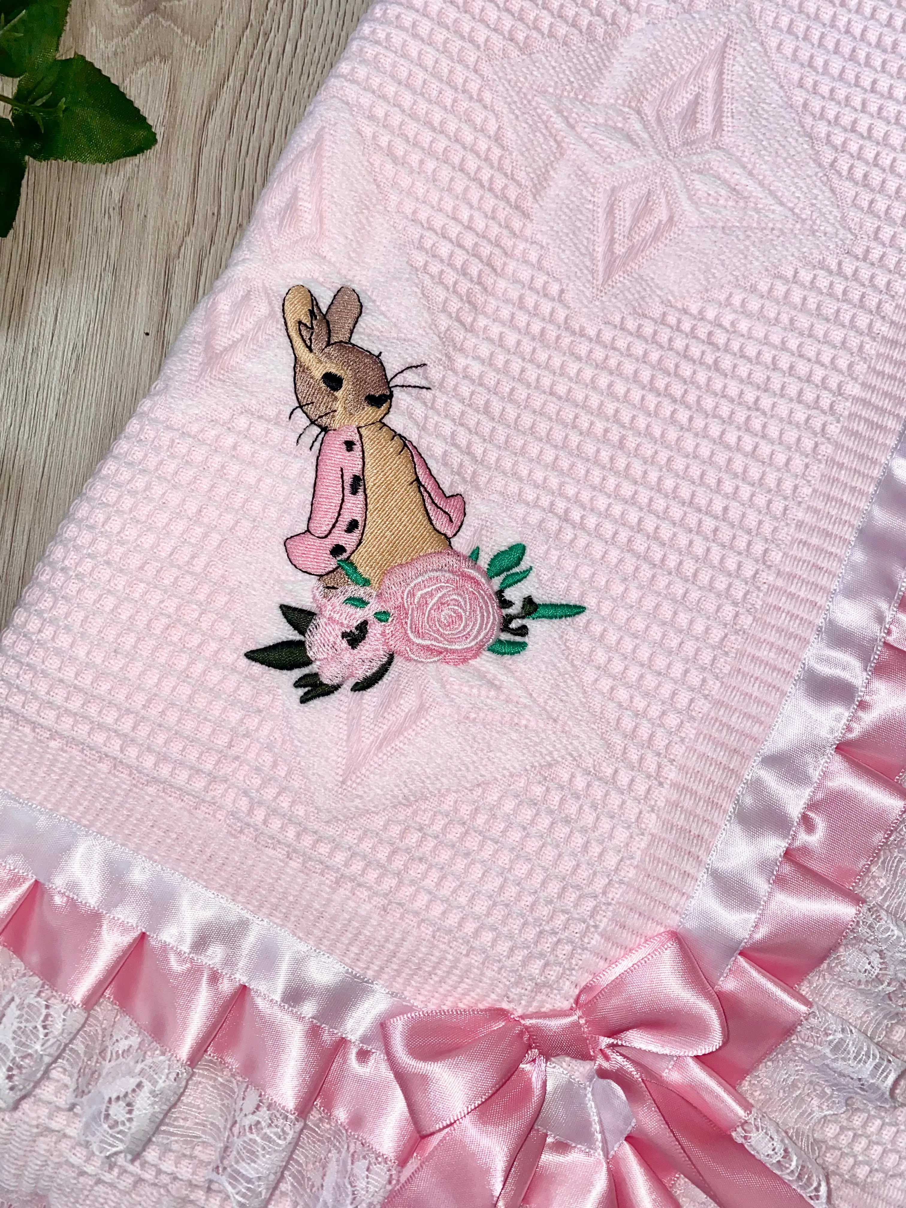 Flopsy Bunny Girls luxury satin trim and bows Large  Shawl - blanket Pink