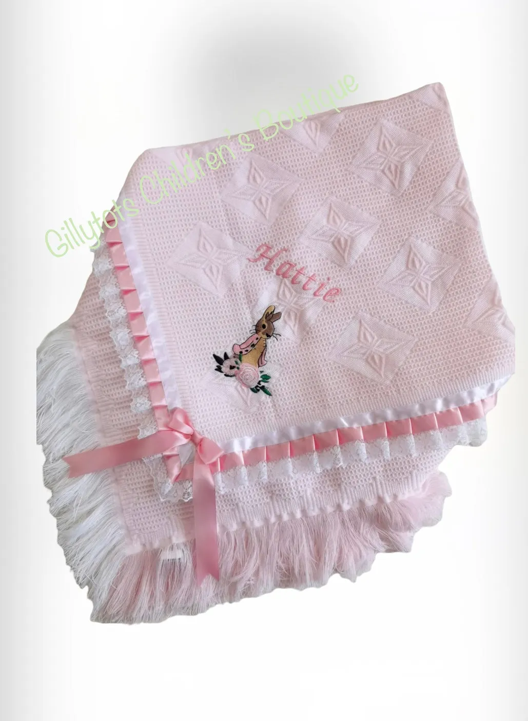 Flopsy Bunny Girls luxury satin trim and bows Large  Shawl - blanket Pink