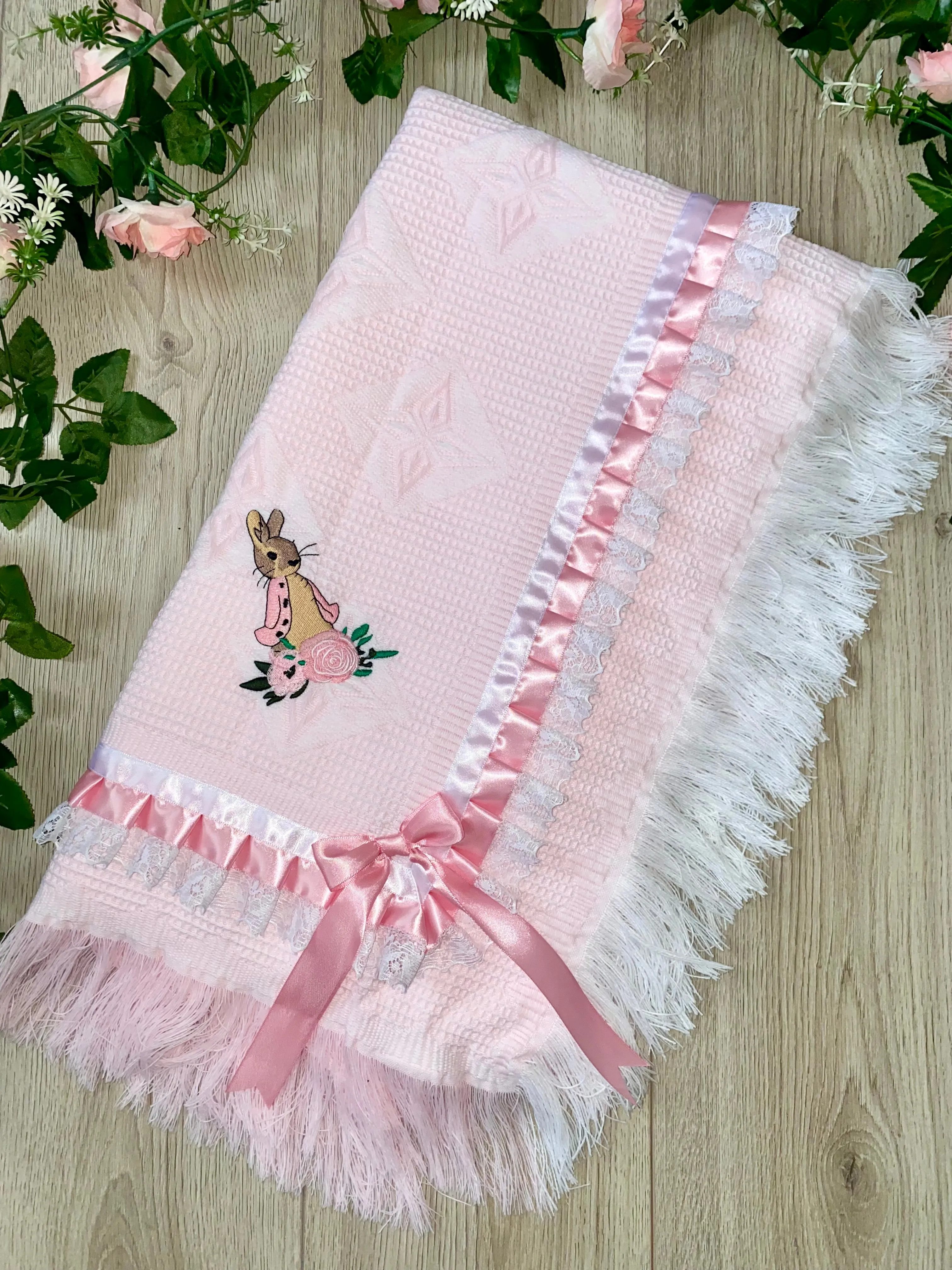 Flopsy Bunny Girls luxury satin trim and bows Large  Shawl - blanket Pink