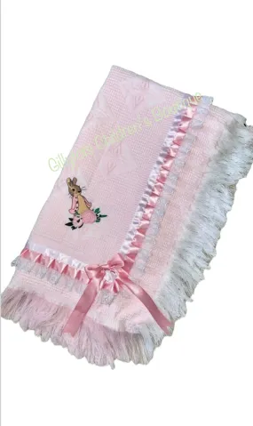 Flopsy Bunny Girls luxury satin trim and bows Large  Shawl - blanket Pink