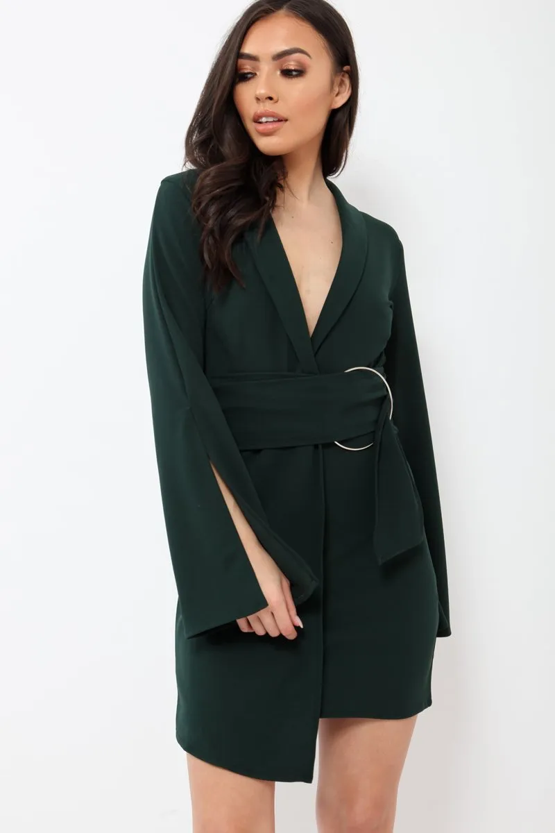 Green Blazer Dress with Ring Belt Detail - Emilie
