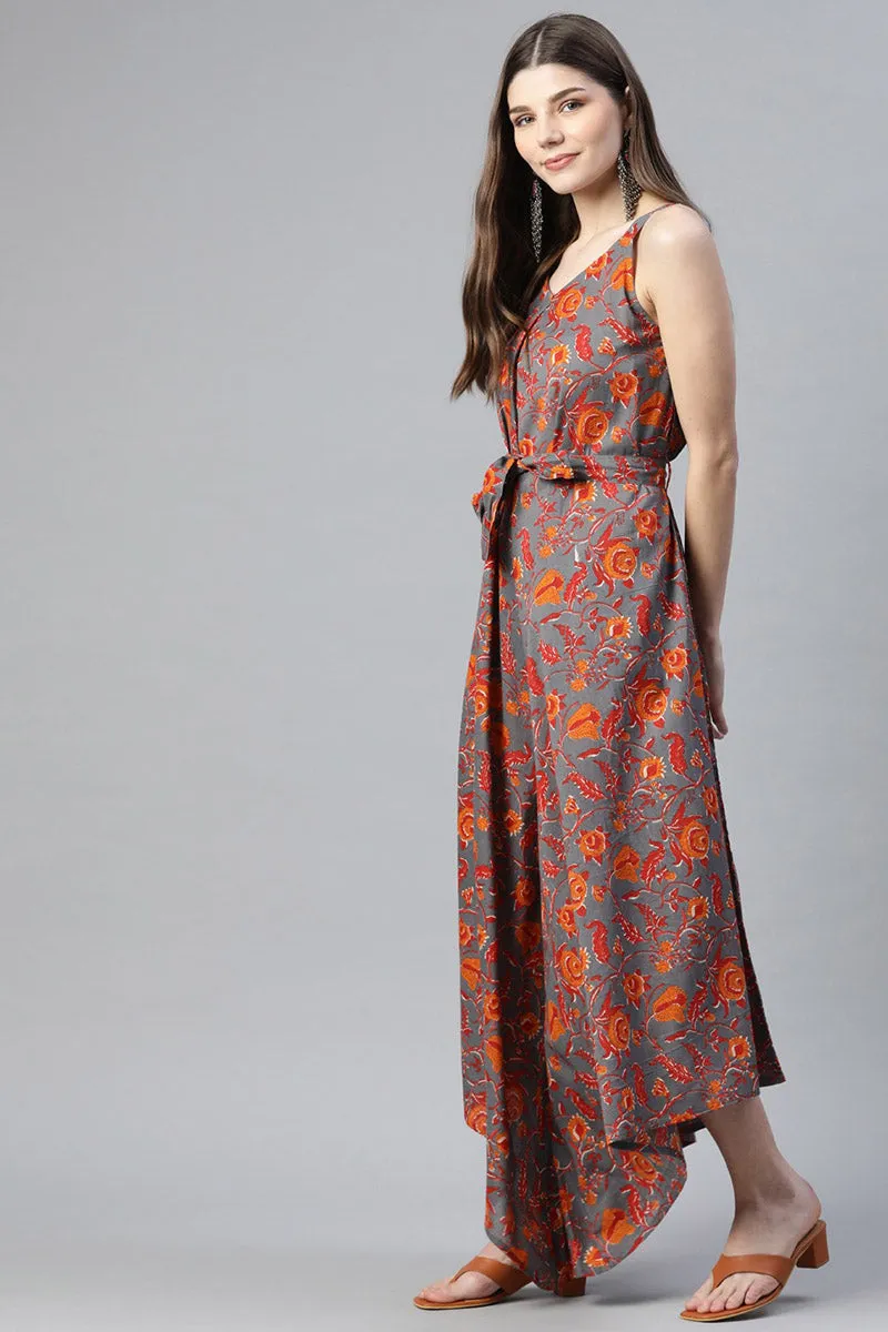 Grey & Orange Cotton Sleeveless Asymmetric Jumpsuit with Belt