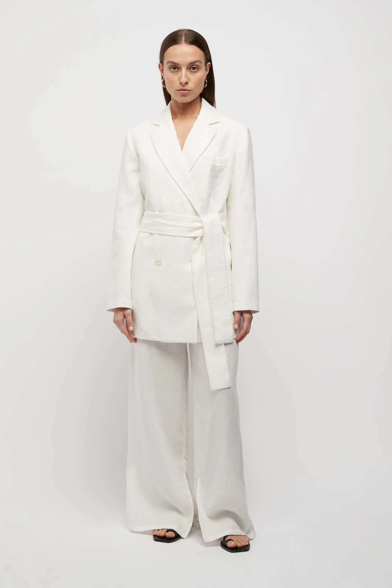 Hayworth Blanket Stitch Linen Blazer in White