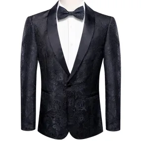 Hi-Tie Black Shawl Collar Black Floral Blazer Bowtie Suit Set