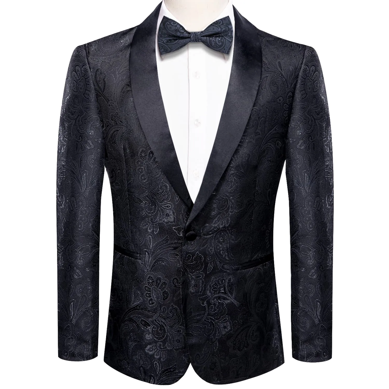 Hi-Tie Black Shawl Collar Black Floral Blazer Bowtie Suit Set