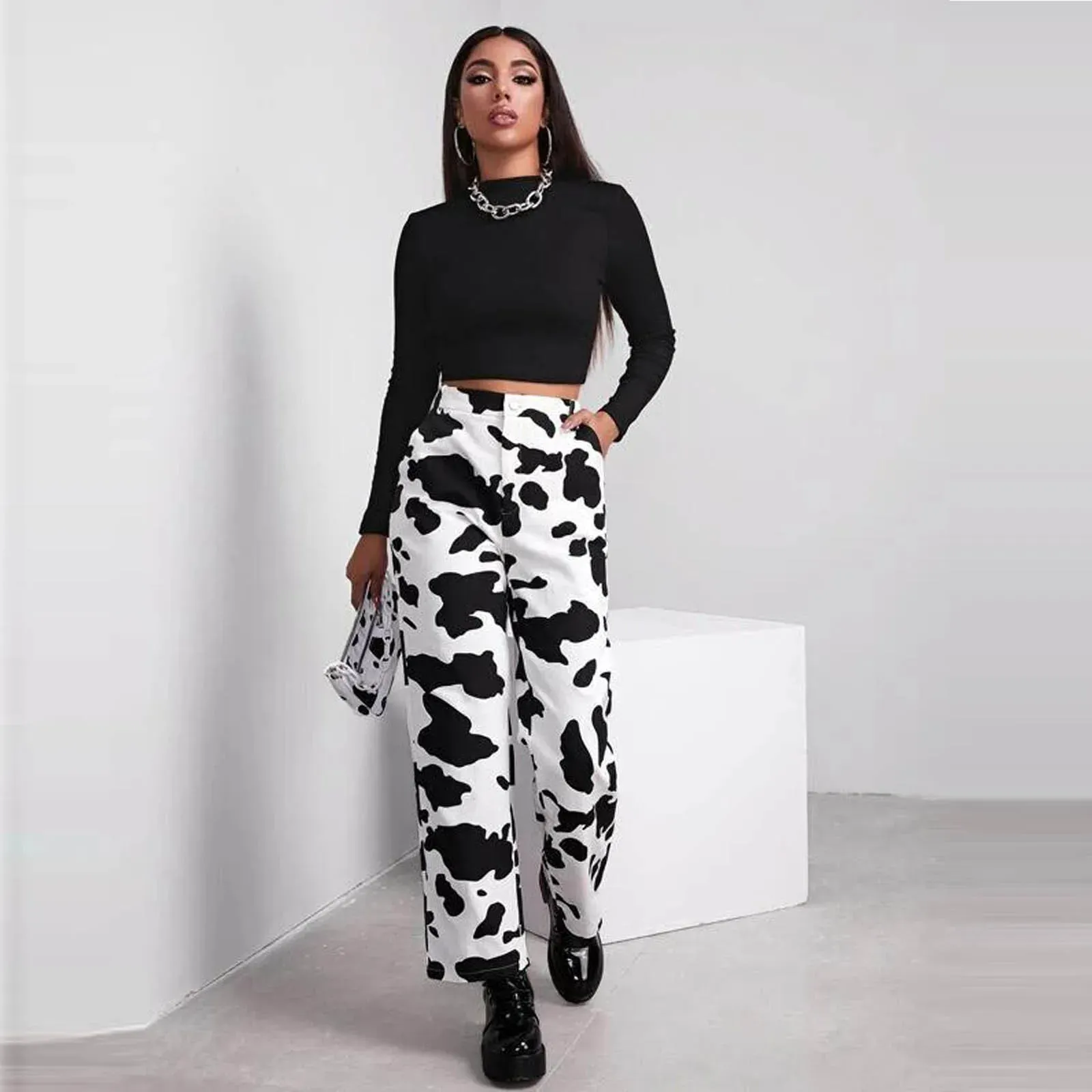 High Waist White Cow Print Wide Leg Jeans