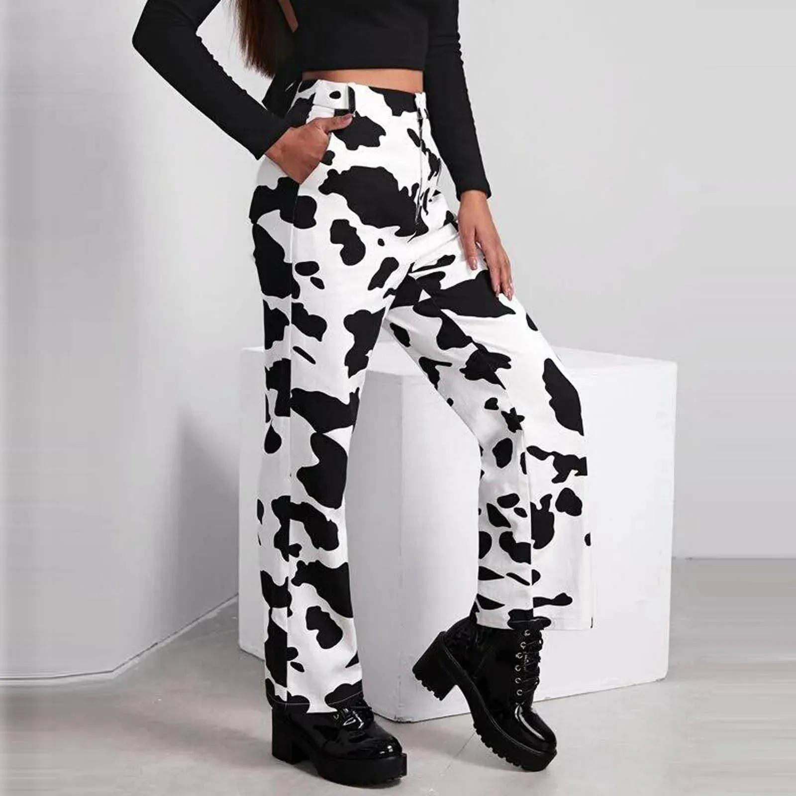 High Waist White Cow Print Wide Leg Jeans