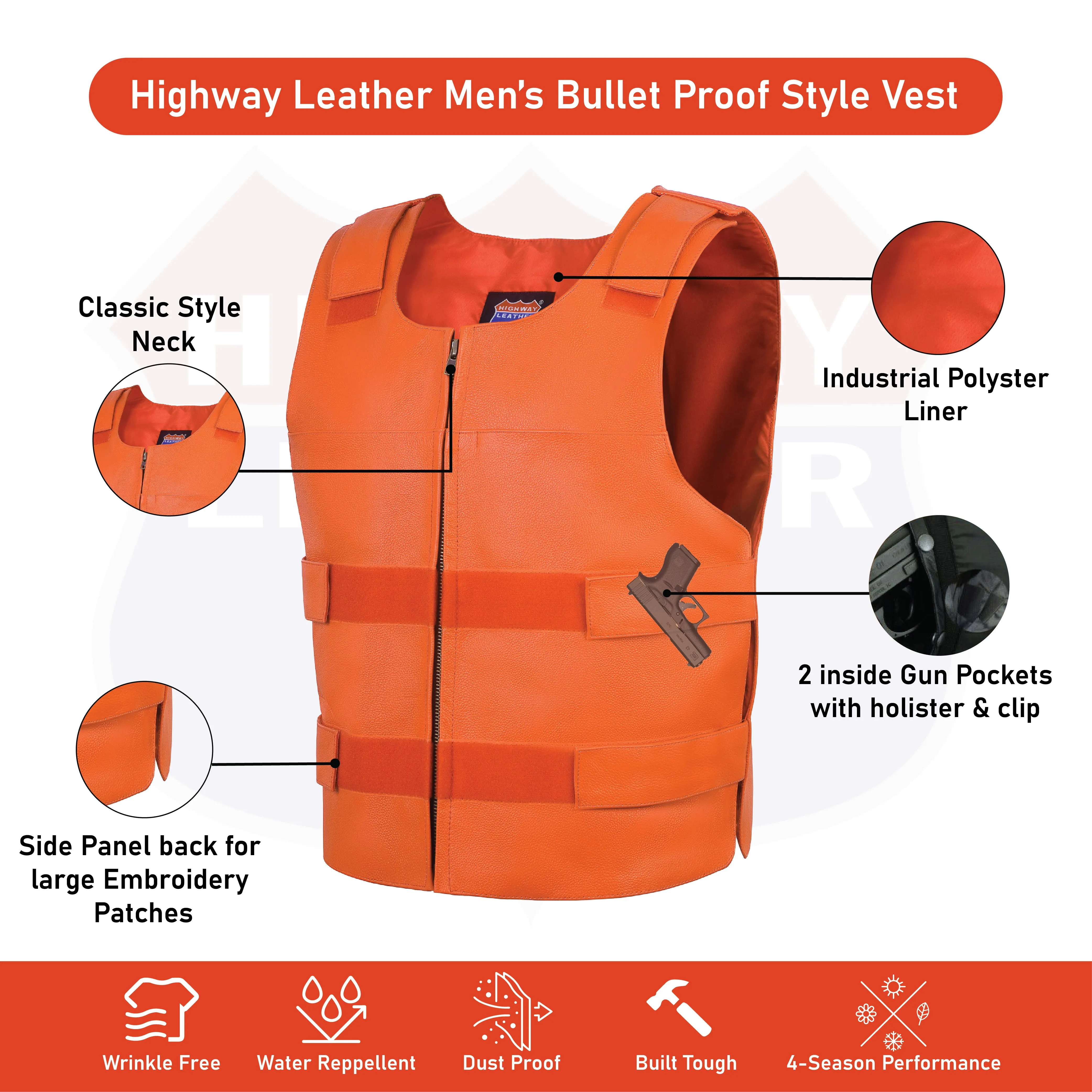 HL11643 Men's Orange Bulletproof Leather Vest – Perfect for Biker Clubs