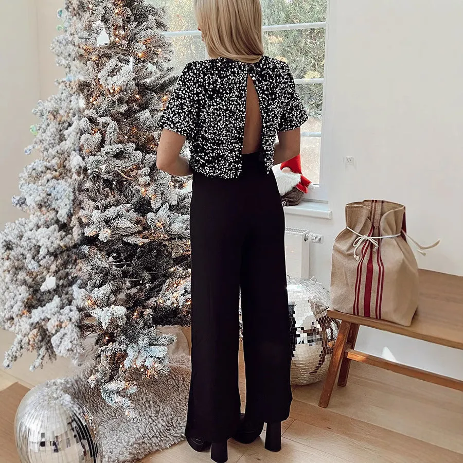 Hnzxzm joker costume female outfit 2024 Spring Sequined Pocket Backless Split Elegant Fashion Party Straight Pants Jumpsuit for Women