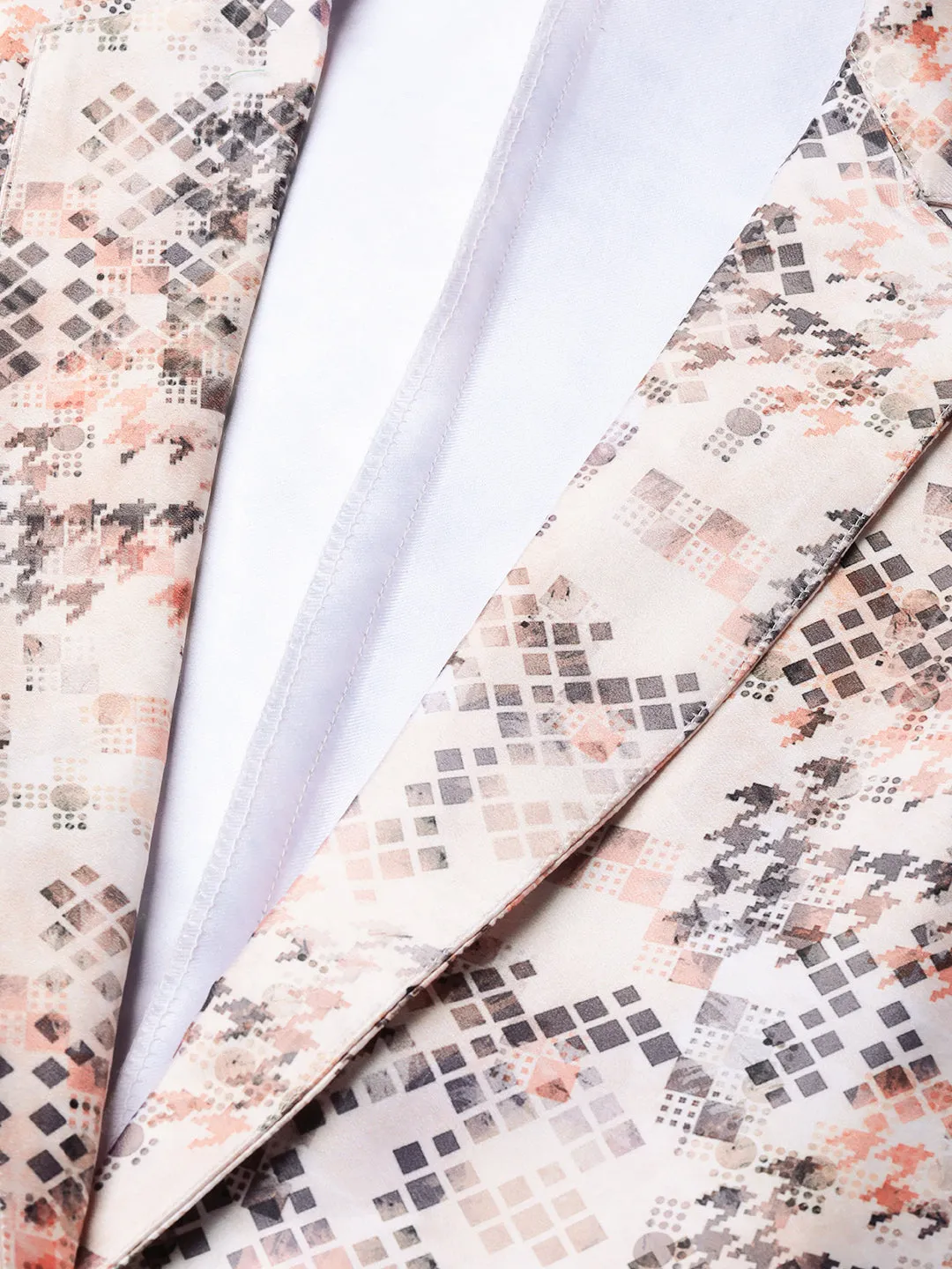 Jashvi Women Peach-Coloured & Grey Satin Printed Single-Breasted Casual Blazer