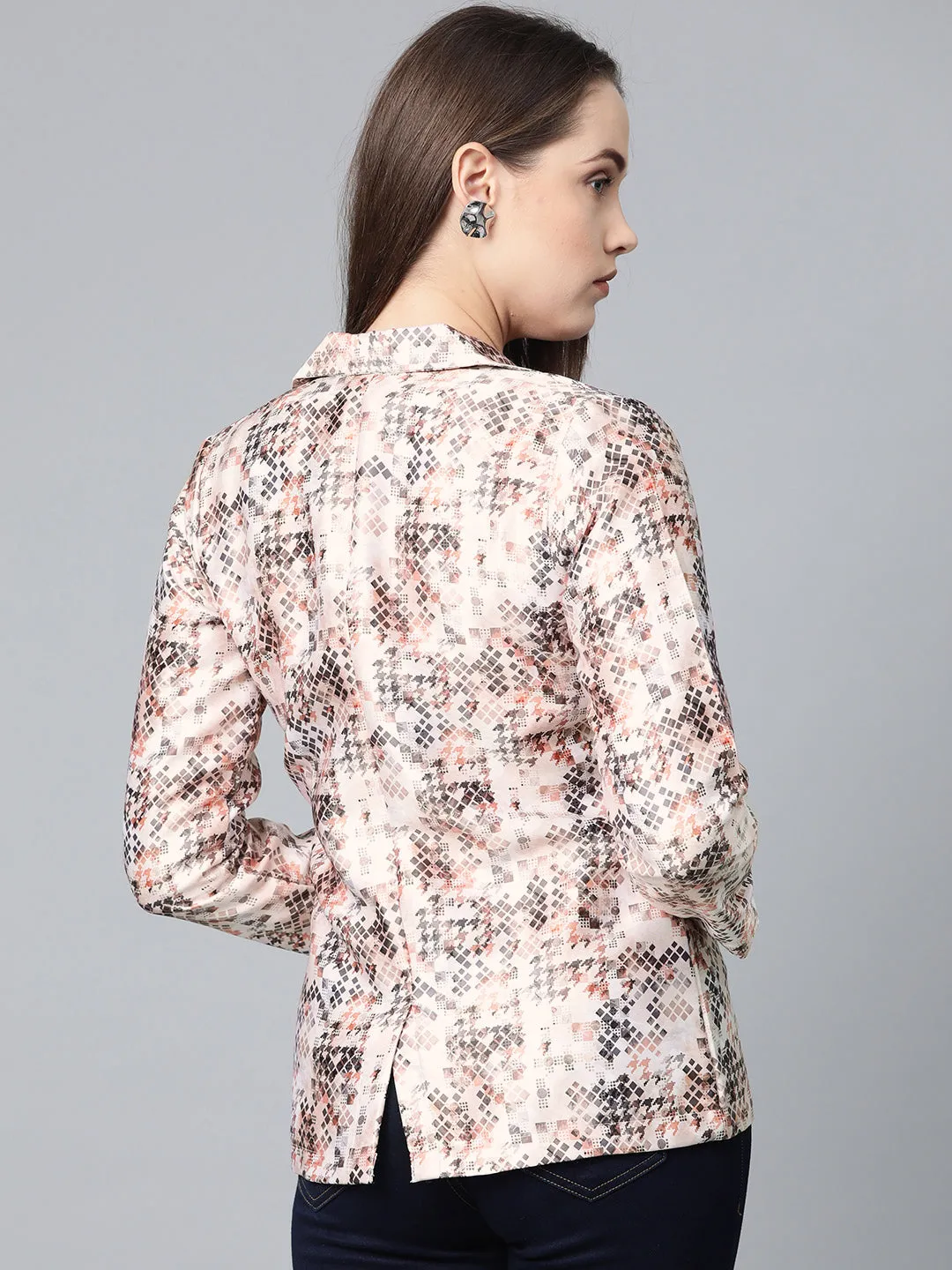 Jashvi Women Peach-Coloured & Grey Satin Printed Single-Breasted Casual Blazer