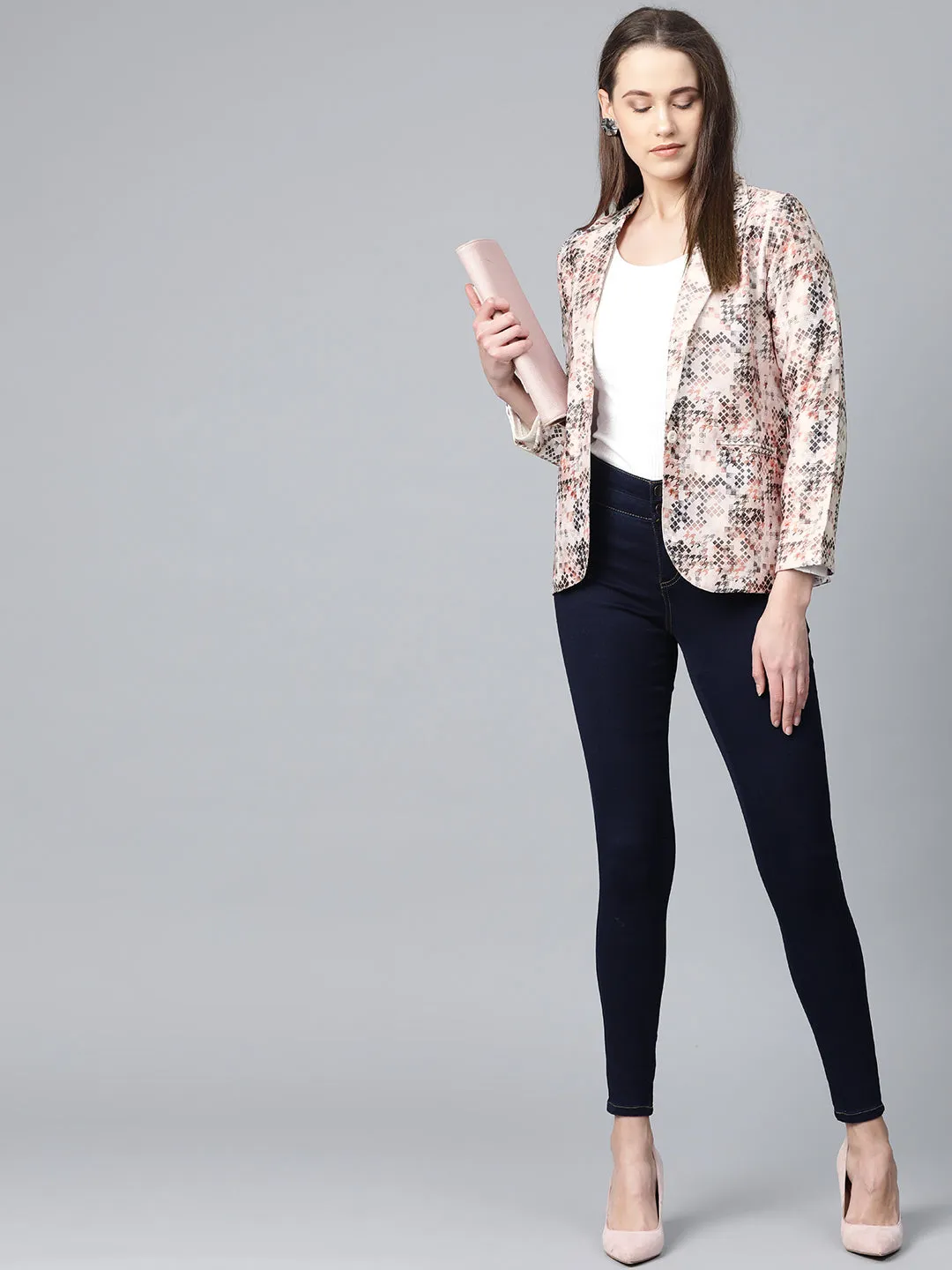 Jashvi Women Peach-Coloured & Grey Satin Printed Single-Breasted Casual Blazer