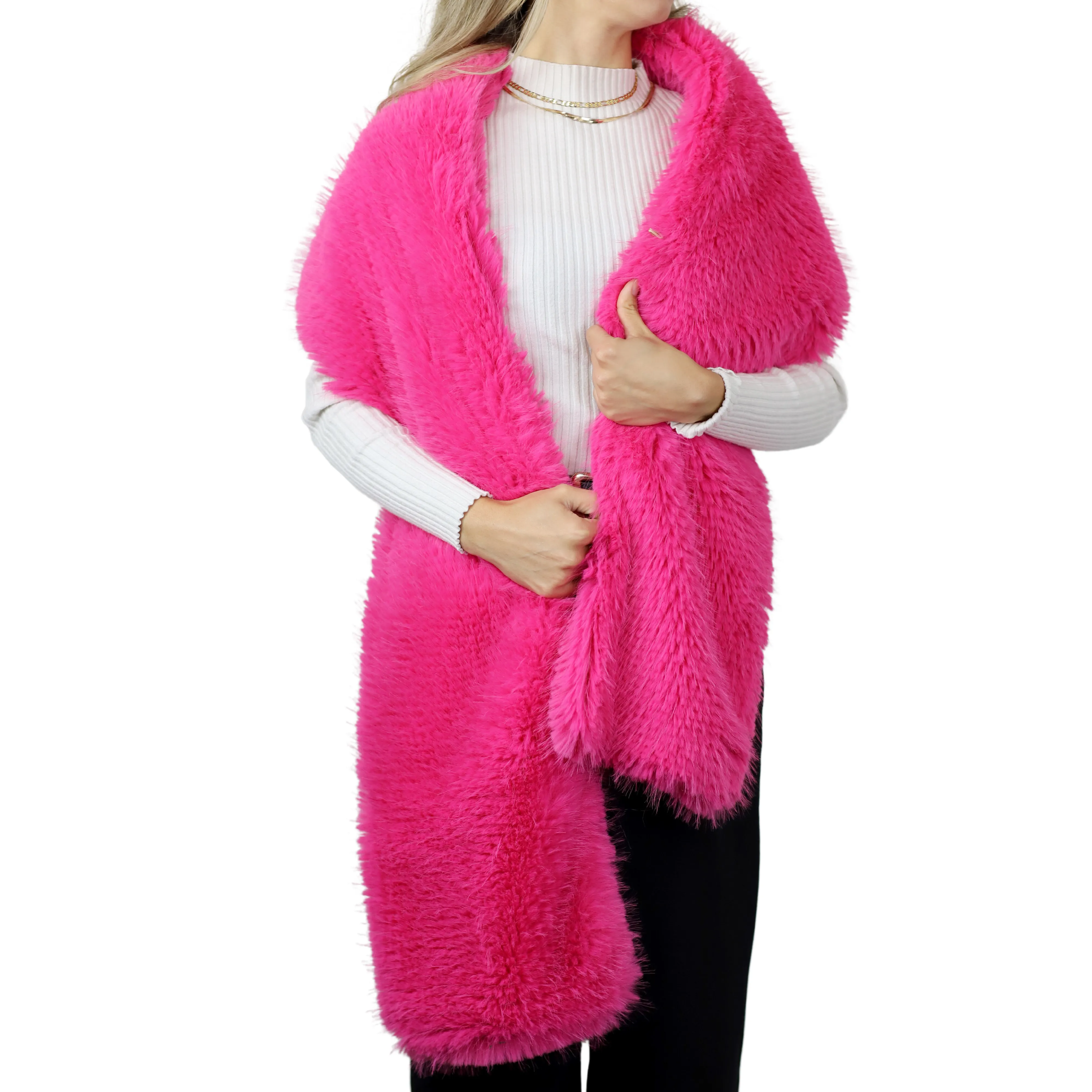 La Fiorentina Shaggy Faux Fur Shawl in Fuxia - Luxurious 100% Polyester Wrap, 70in x 9in