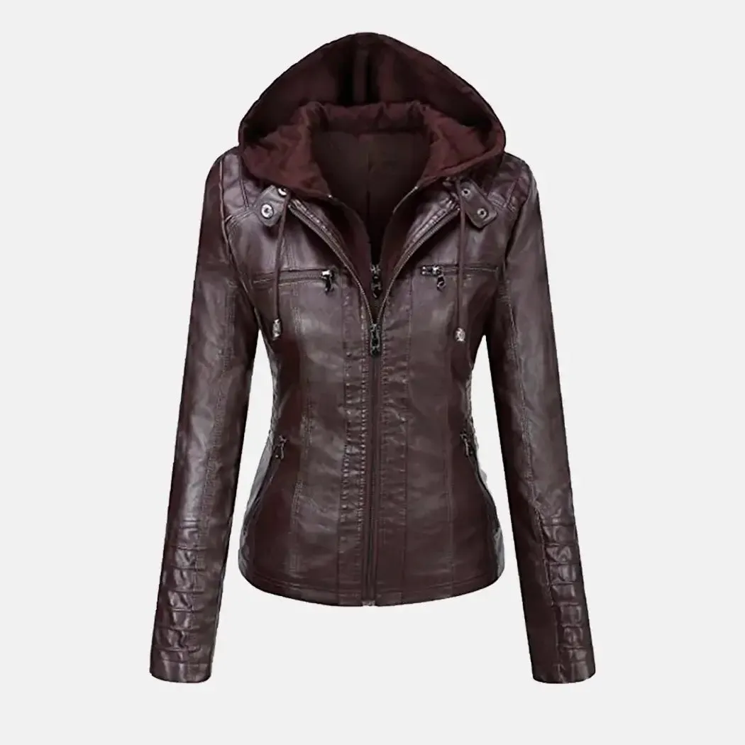 Lennox Lynx Female Leather Jacket with Hood