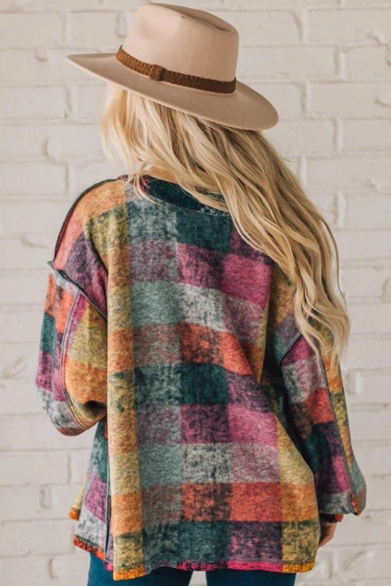 Multicolor Brushed Checked Buttoned Jacket