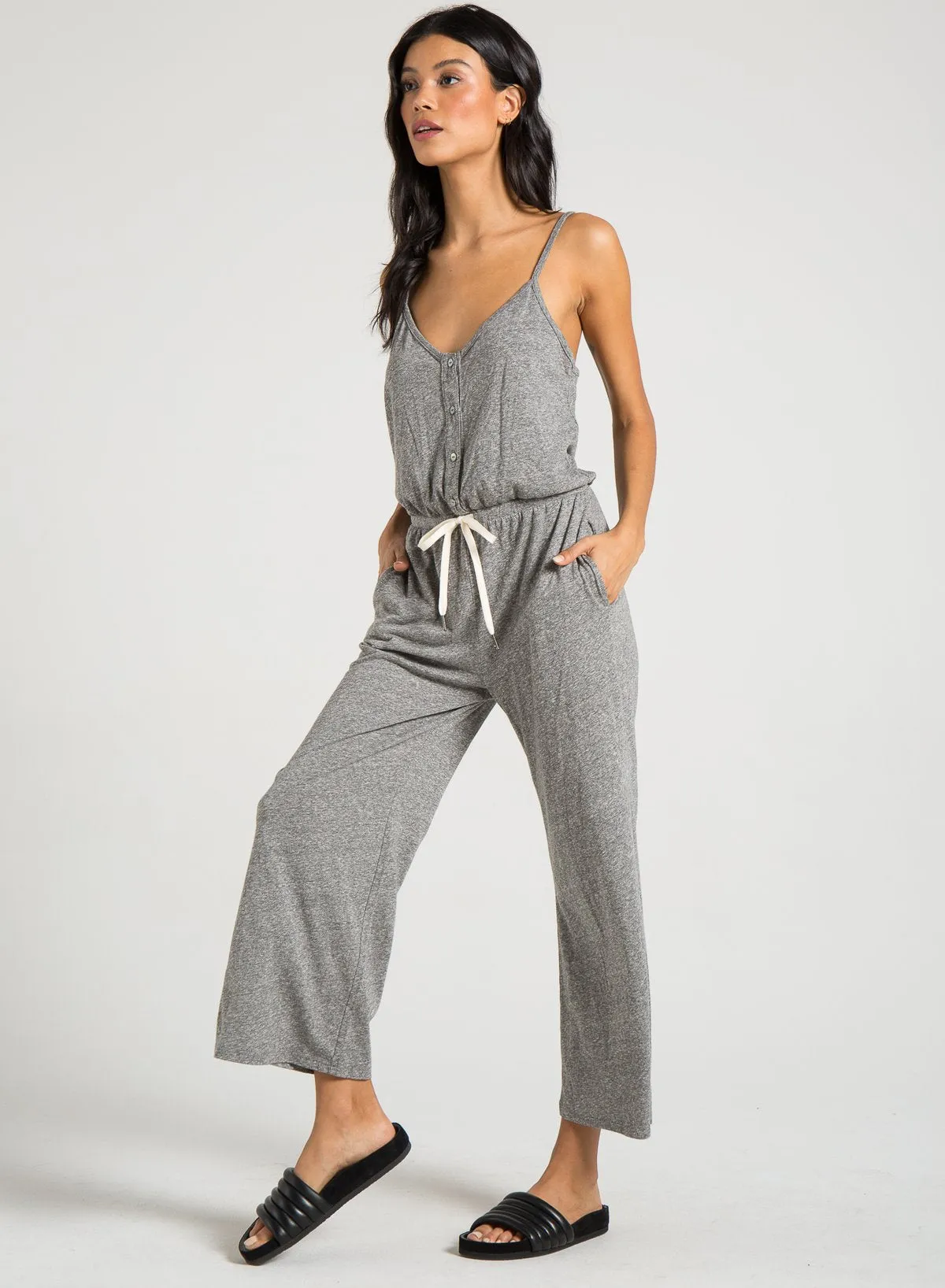 n:PHILANTHROPY - Selvedge Jumpsuit Shown in heather grey comes in Black Cat