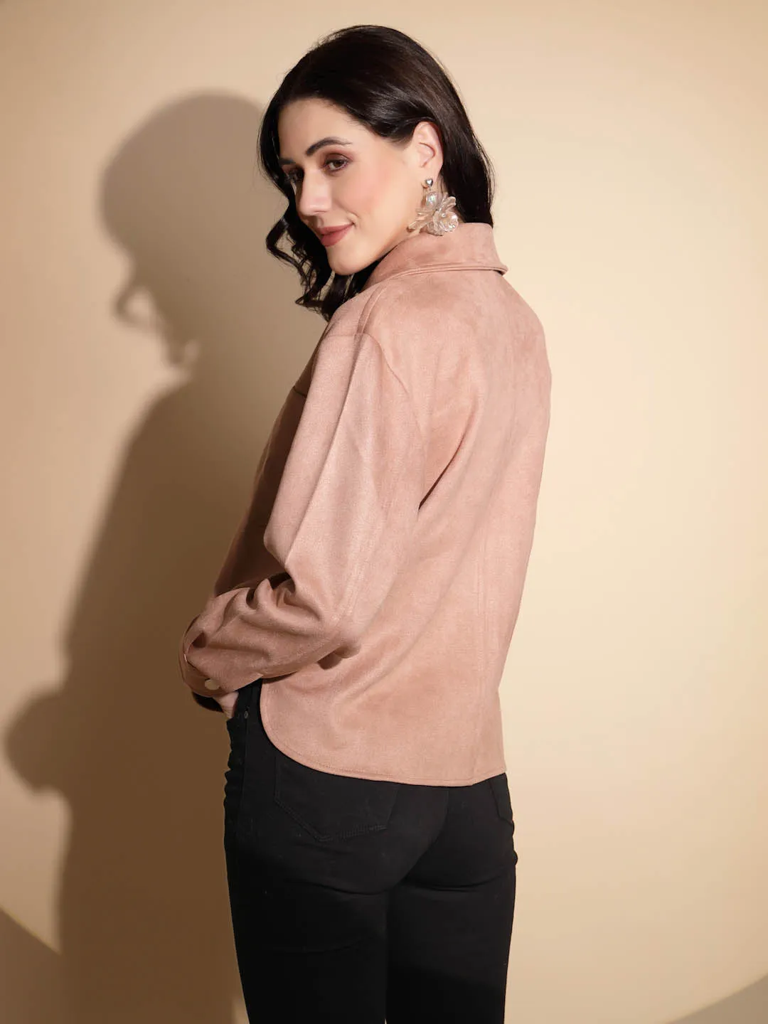 Peach Solid Full Sleeve Collared Neck Suede Shacket