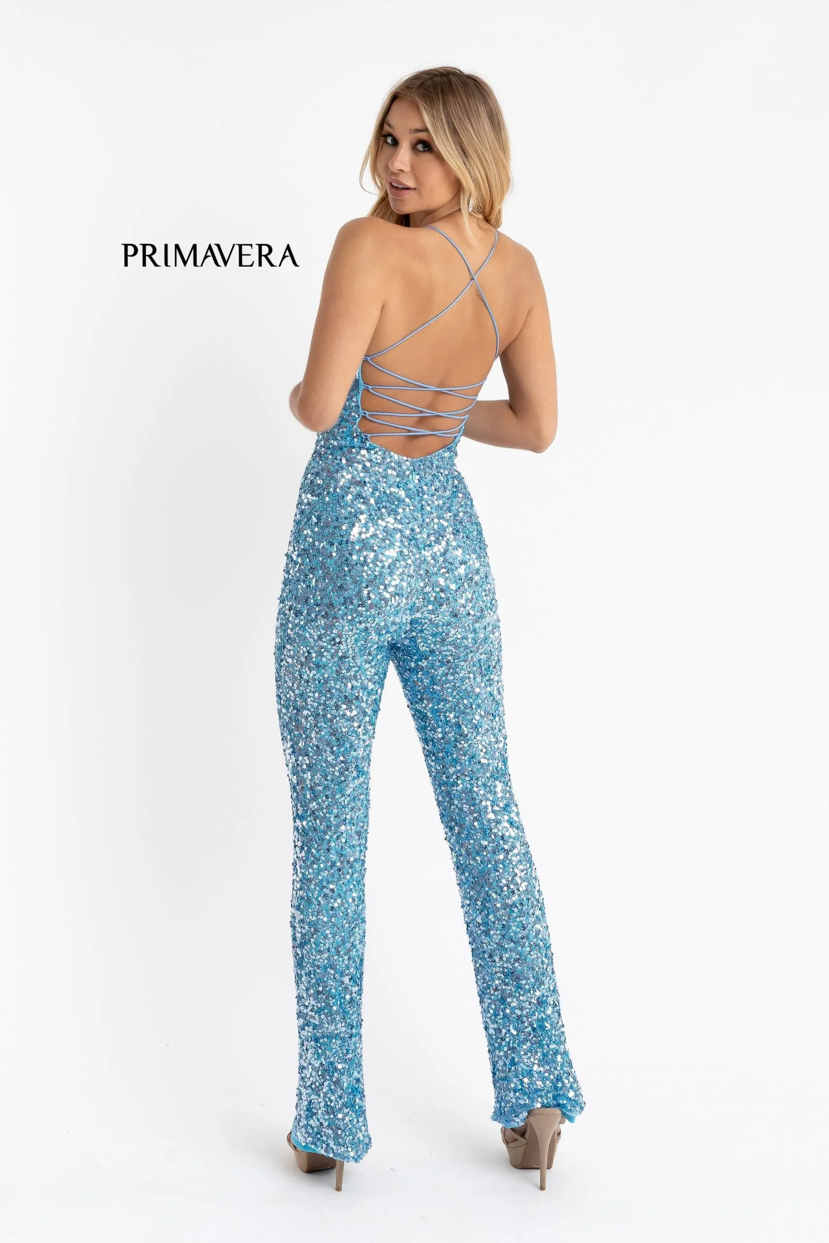 Primavera Couture 3774 Size 0 Neon Pink Sequin Jumpsuit Scoop Neckline Lace Up Tie Back Straight Legs