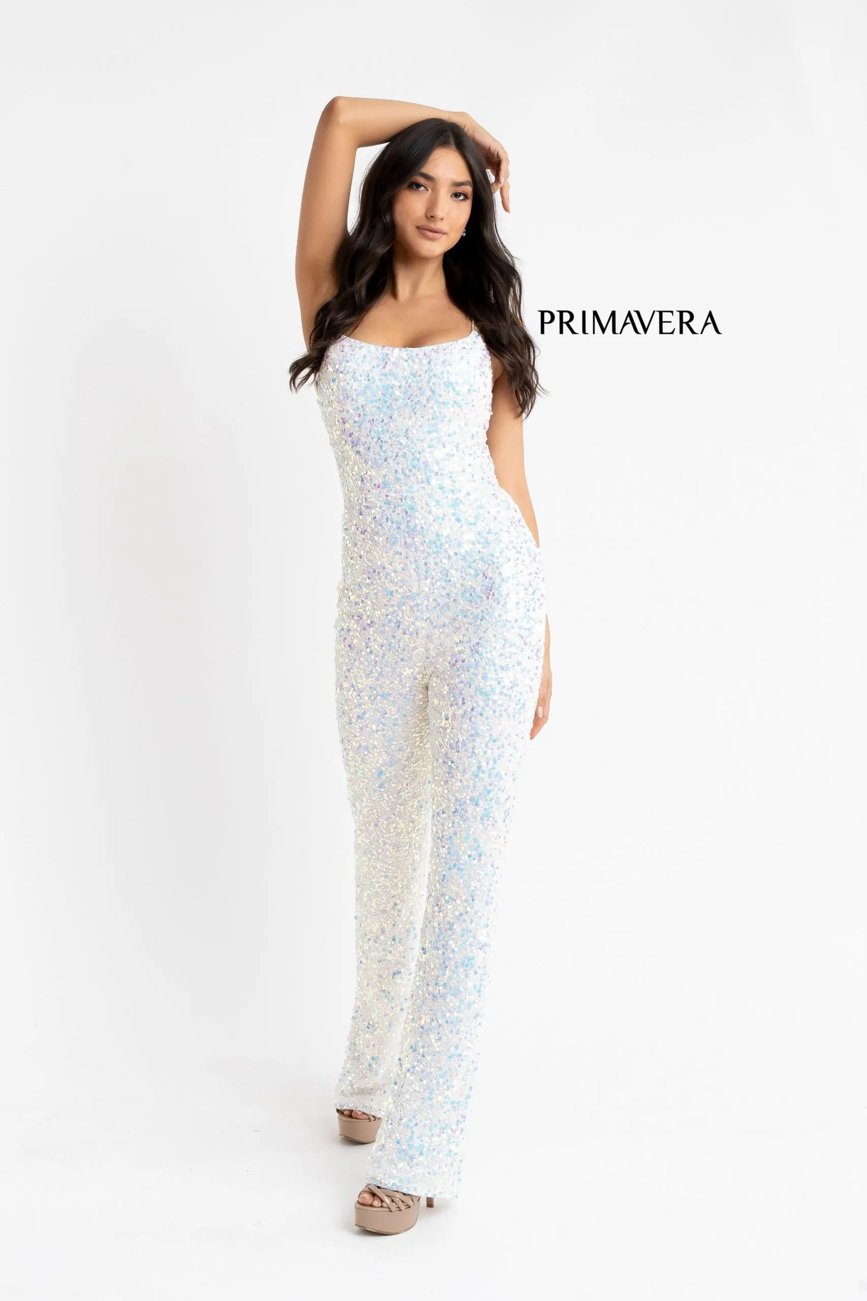 Primavera Couture 3774 Size 0 Neon Pink Sequin Jumpsuit Scoop Neckline Lace Up Tie Back Straight Legs