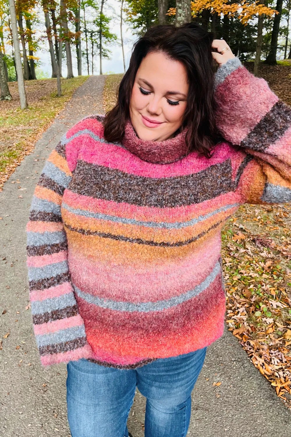 Rust & Mustard Stripe Boucle Turtleneck Sweater