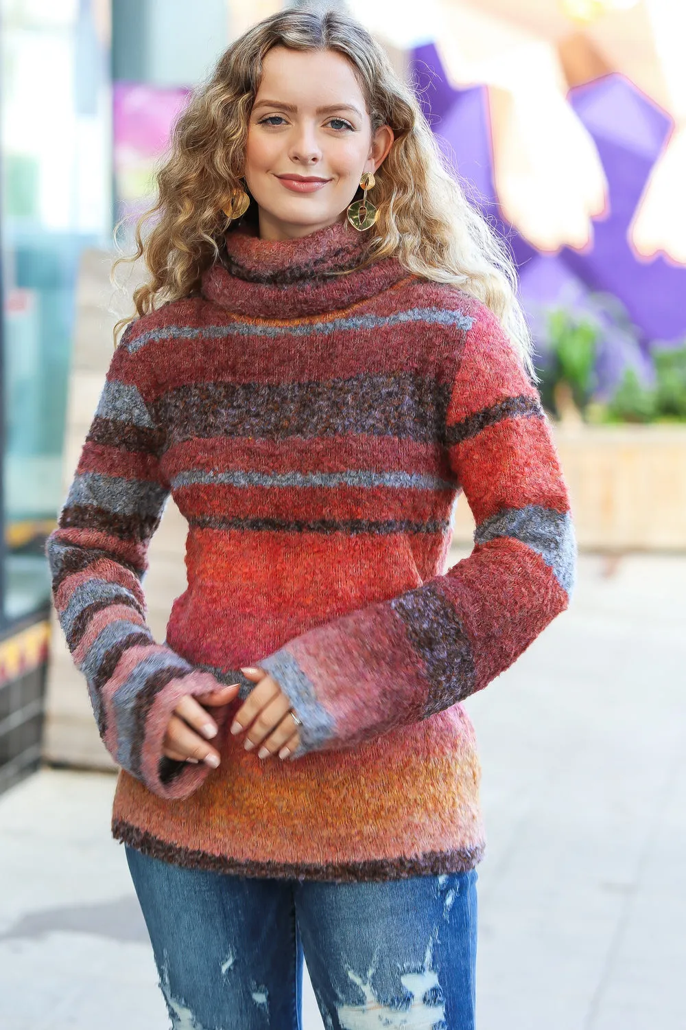 Rust & Mustard Stripe Boucle Turtleneck Sweater