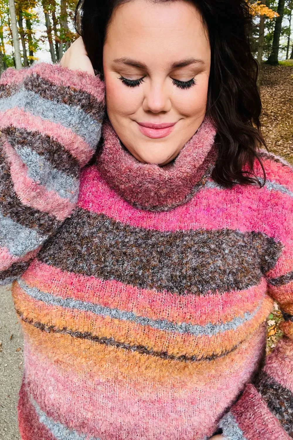 Rust & Mustard Stripe Boucle Turtleneck Sweater