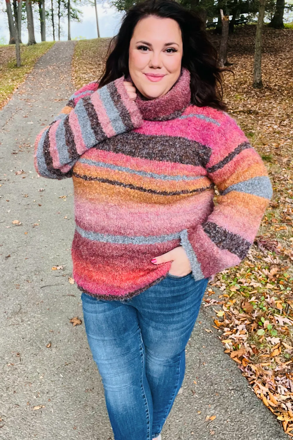 Rust & Mustard Stripe Boucle Turtleneck Sweater