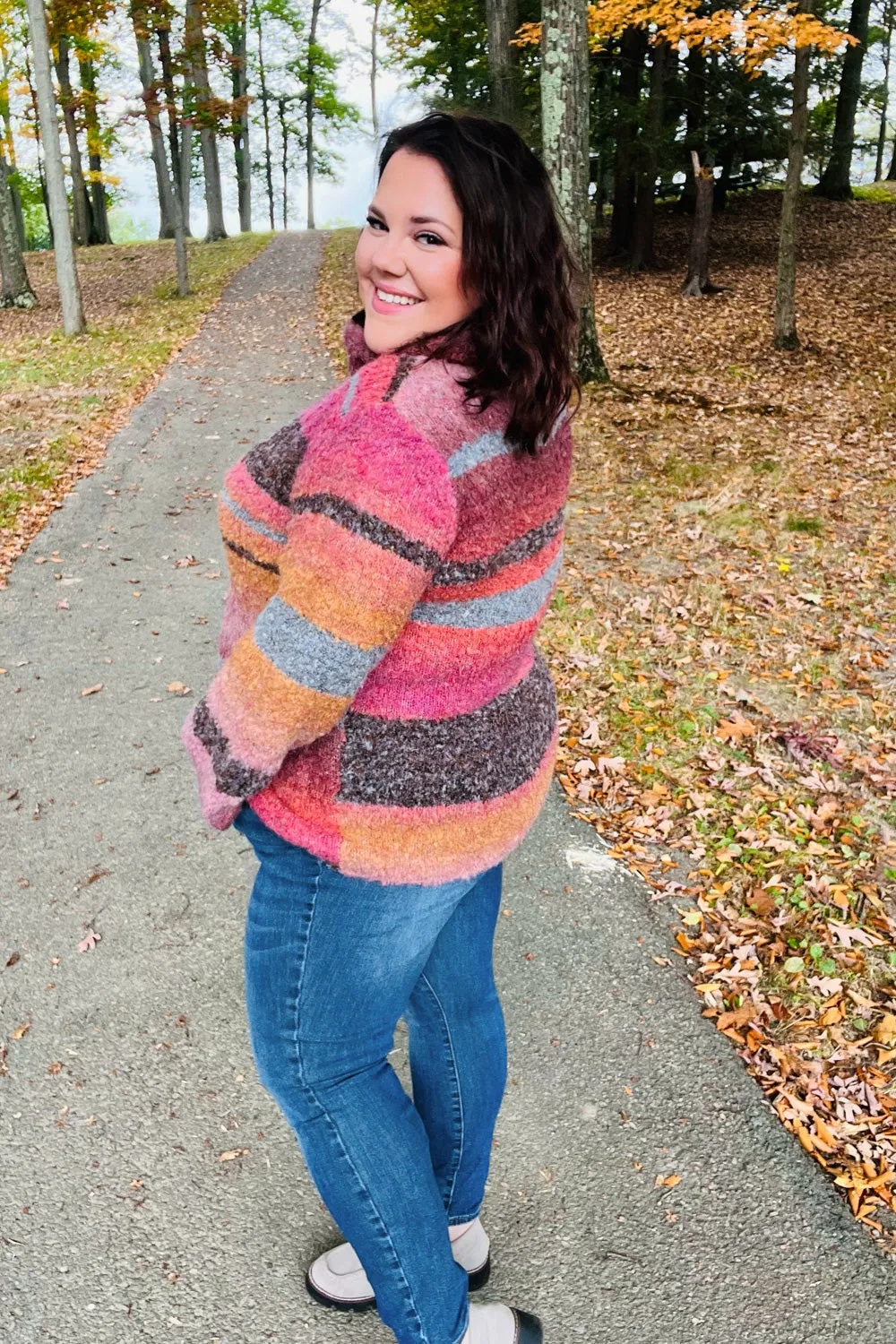 Rust & Mustard Stripe Boucle Turtleneck Sweater