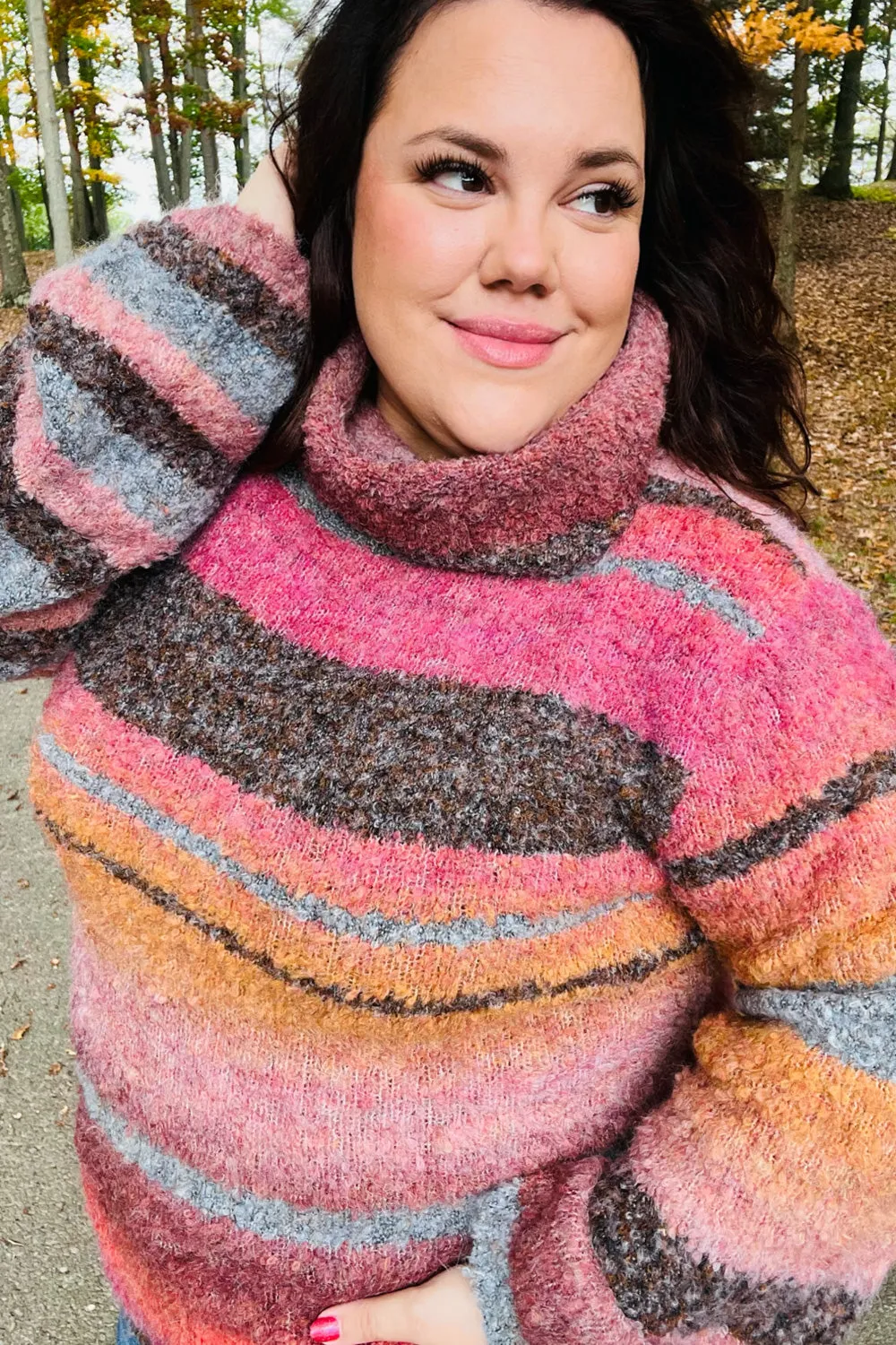 Rust & Mustard Stripe Boucle Turtleneck Sweater