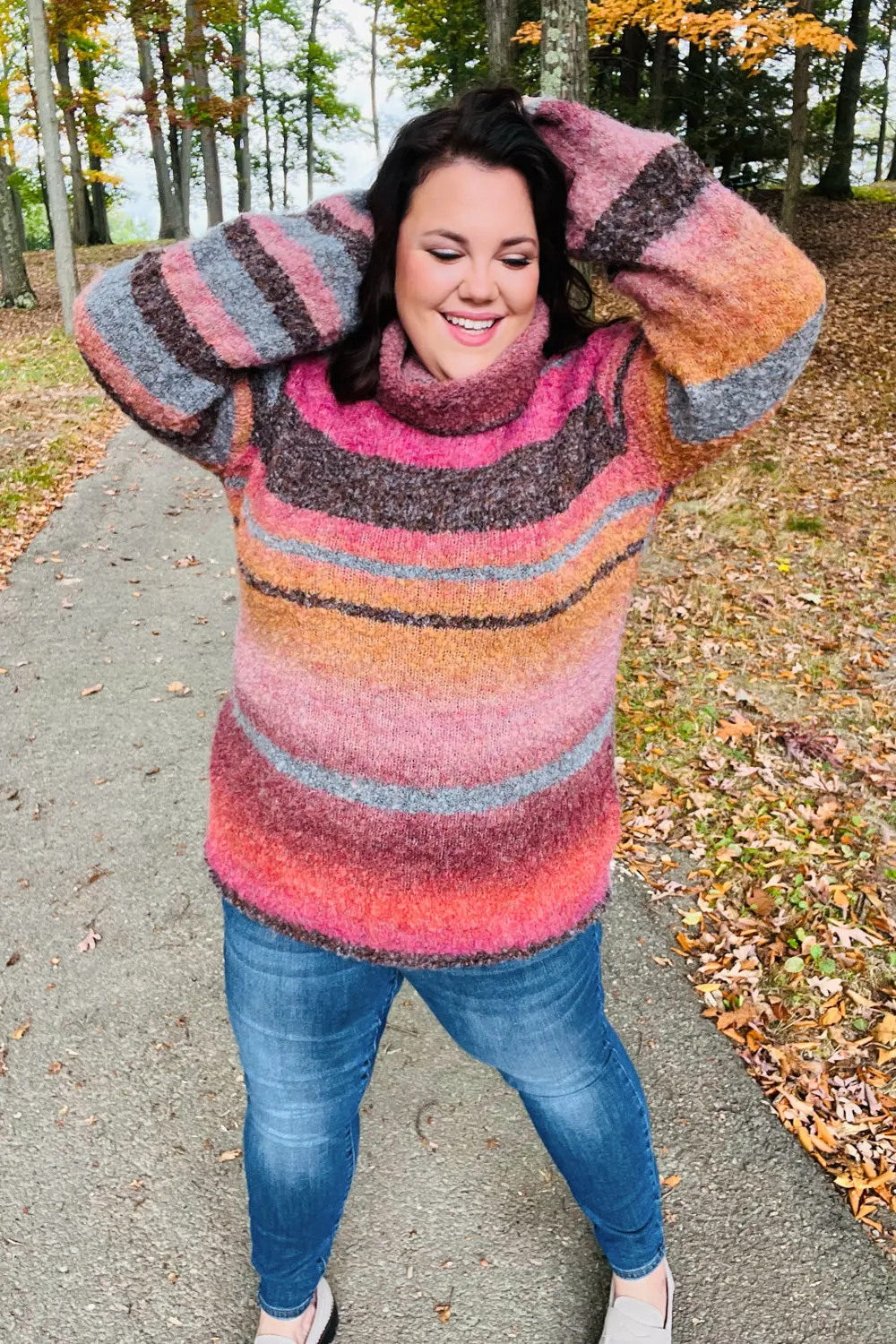 Rust & Mustard Stripe Boucle Turtleneck Sweater