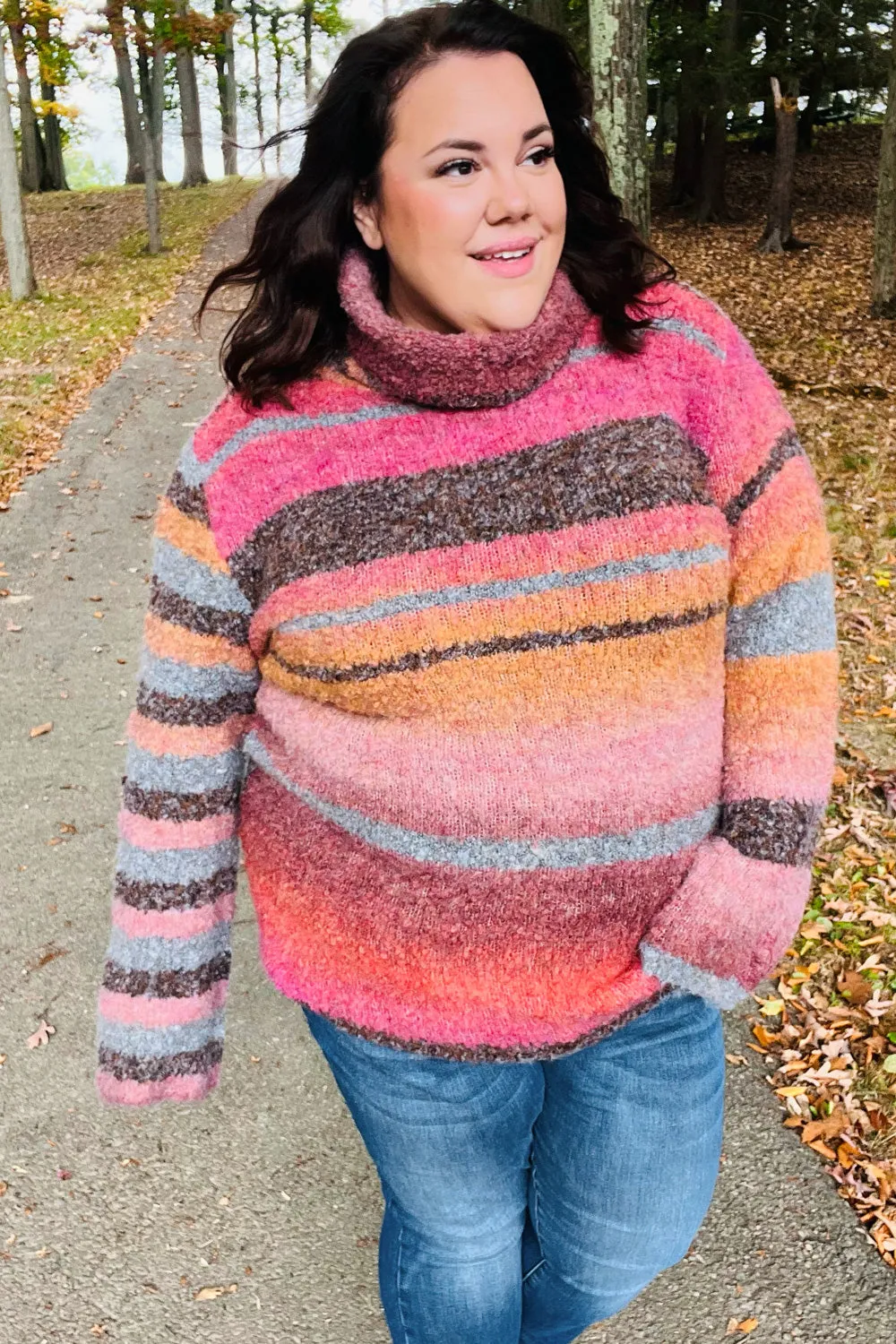Rust & Mustard Stripe Boucle Turtleneck Sweater