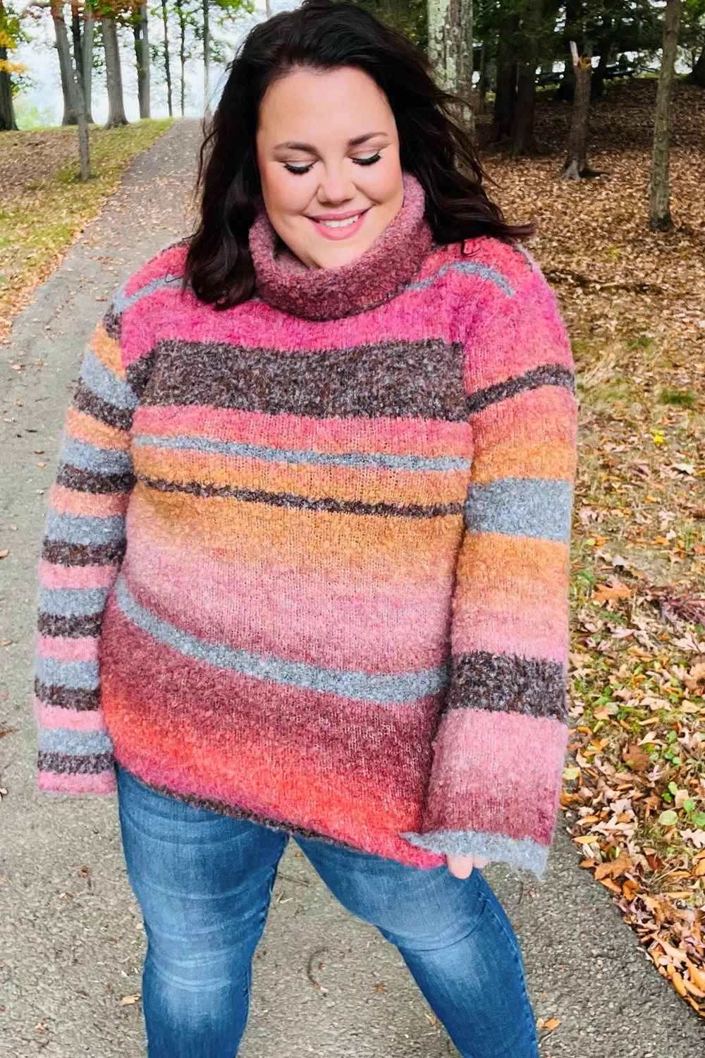 Rust & Mustard Stripe Boucle Turtleneck Sweater