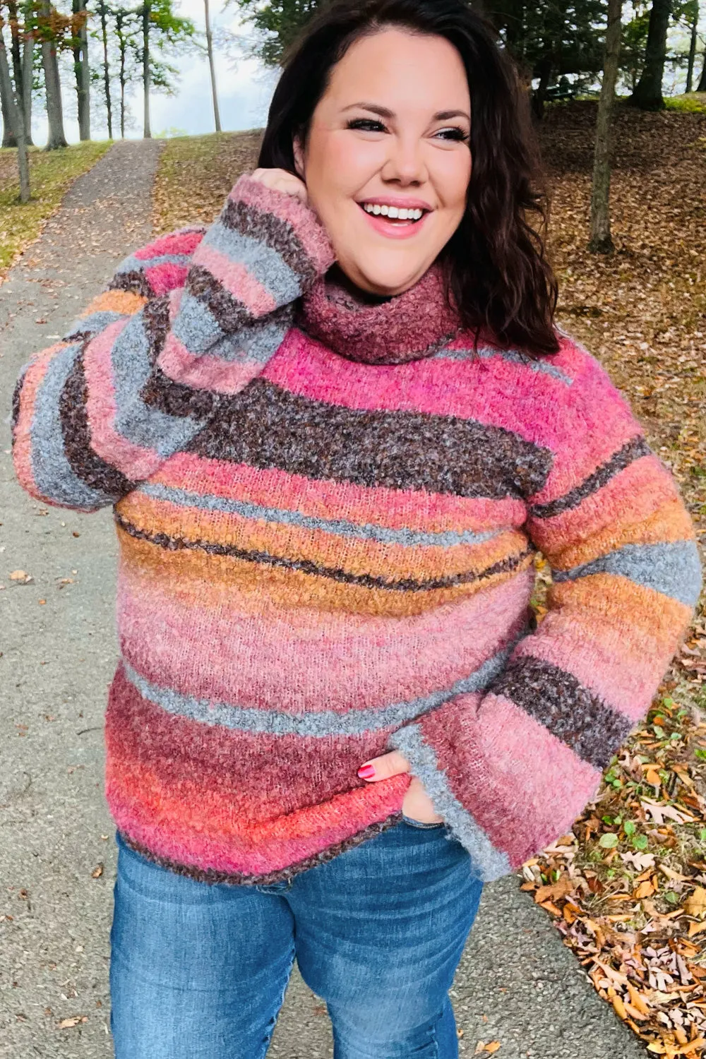 Rust & Mustard Stripe Boucle Turtleneck Sweater