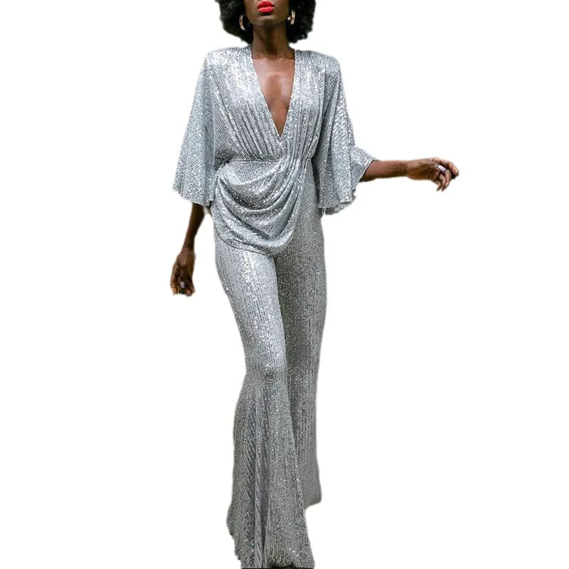Sequined sexy deep V backless jumpsuit