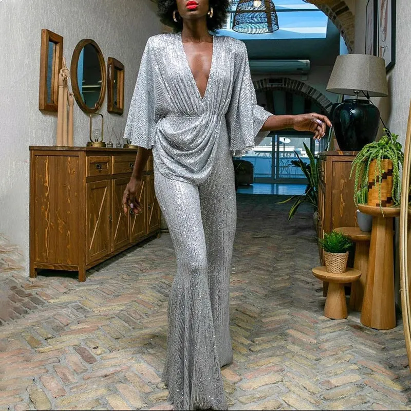 Sequined sexy deep V backless jumpsuit