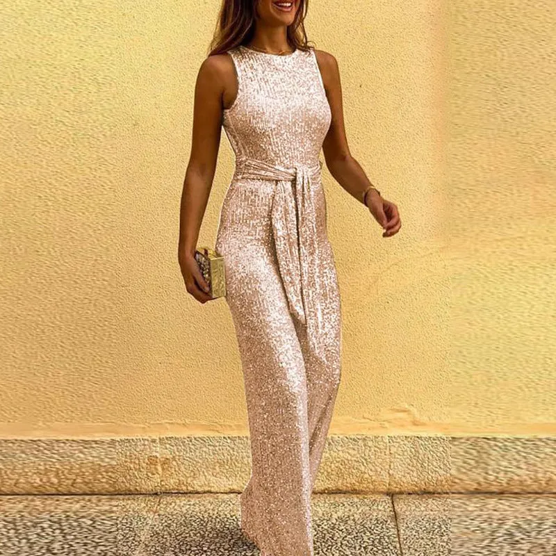 Sleeveless sequined silver dot jumpsuit