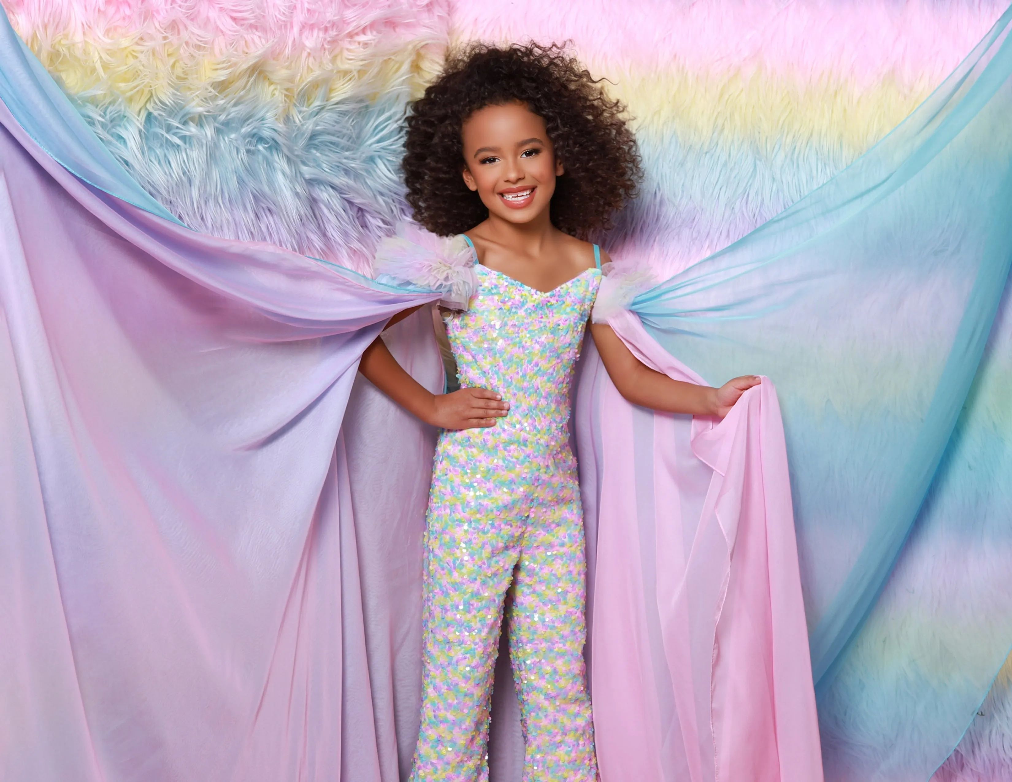 Sugar Kayne C341 Size 8 Aqua Girls Pageant Sequin Jumpsuit Ruffle Sleeve Matching Cape Fun Fashion Shimmer