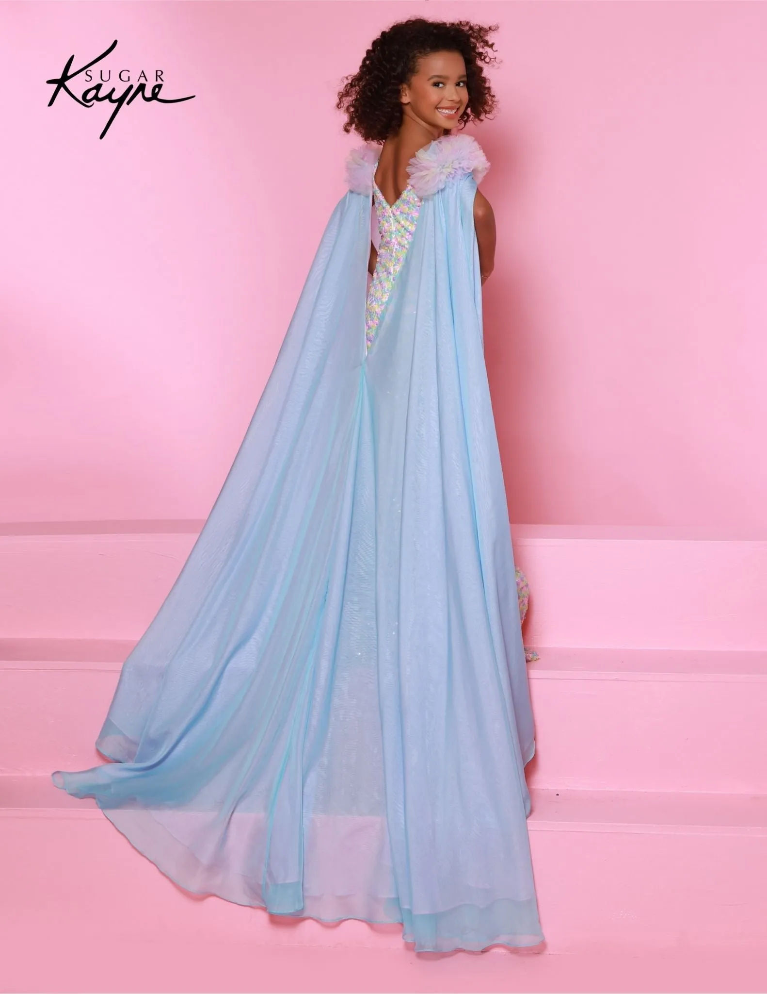 Sugar Kayne C341 Size 8 Aqua Girls Pageant Sequin Jumpsuit Ruffle Sleeve Matching Cape Fun Fashion Shimmer